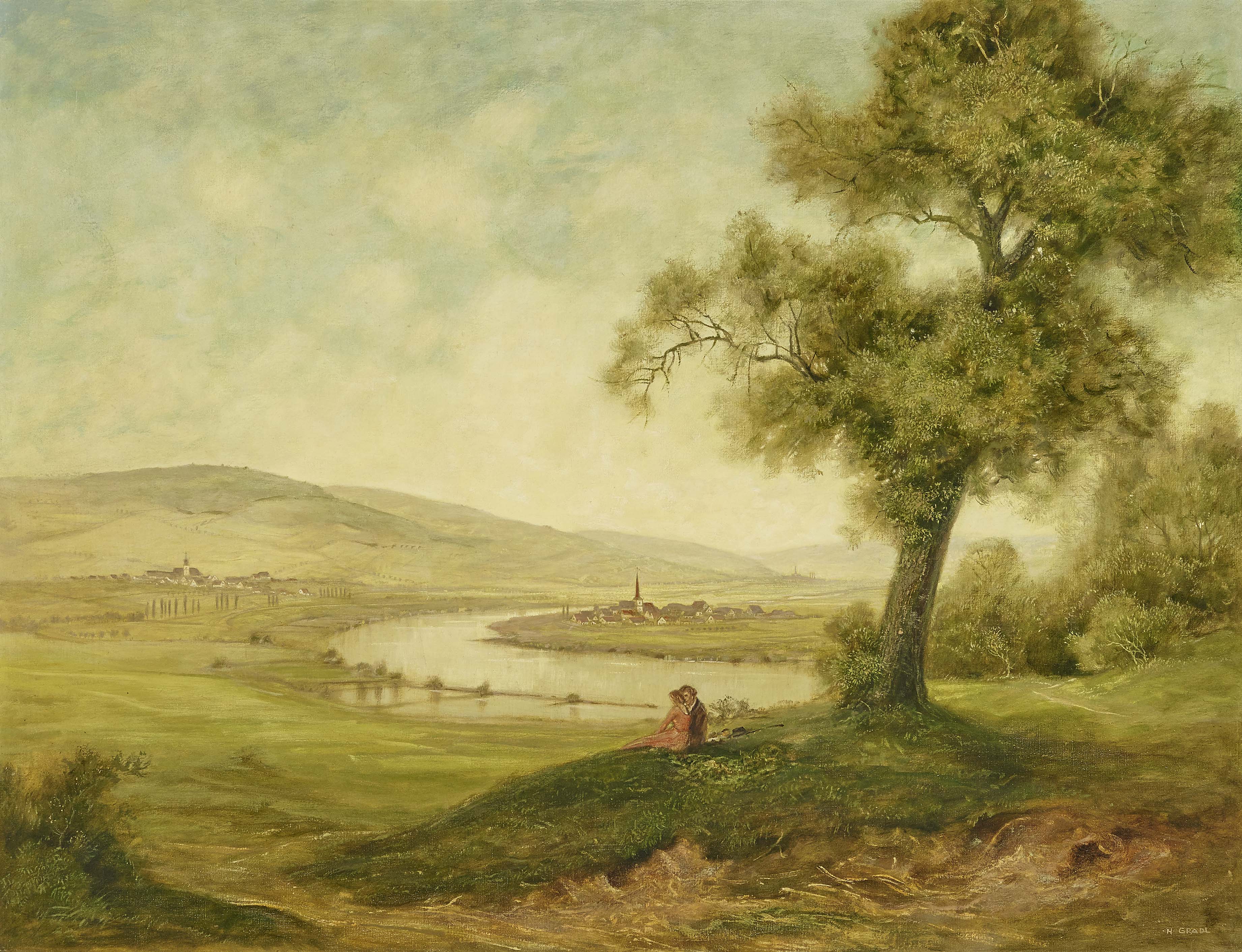 hermann gradl river landscape with a couple under a tree (c 1900)