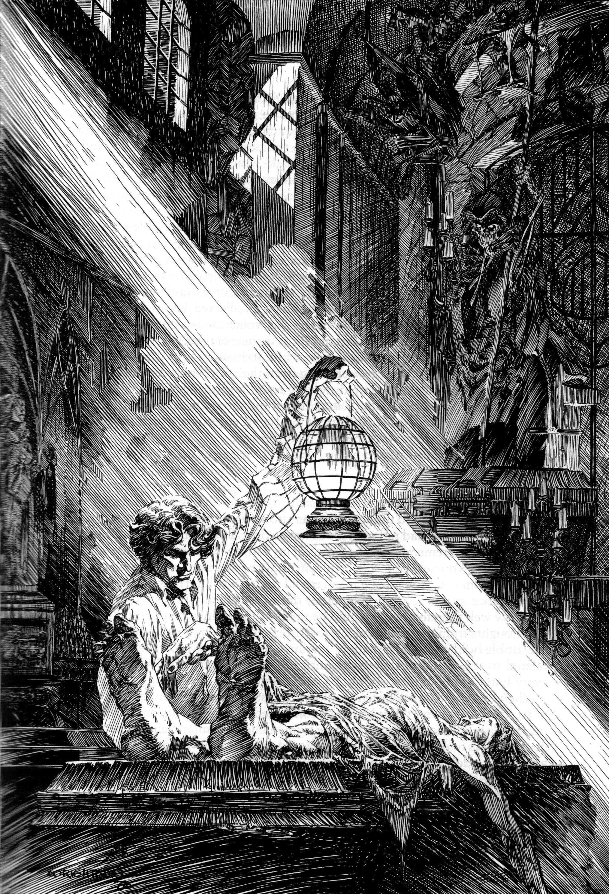 Illustration for Frankenstein (Victor Frankenstein discovers the Creature) by Bernie Wrightson (1983)
