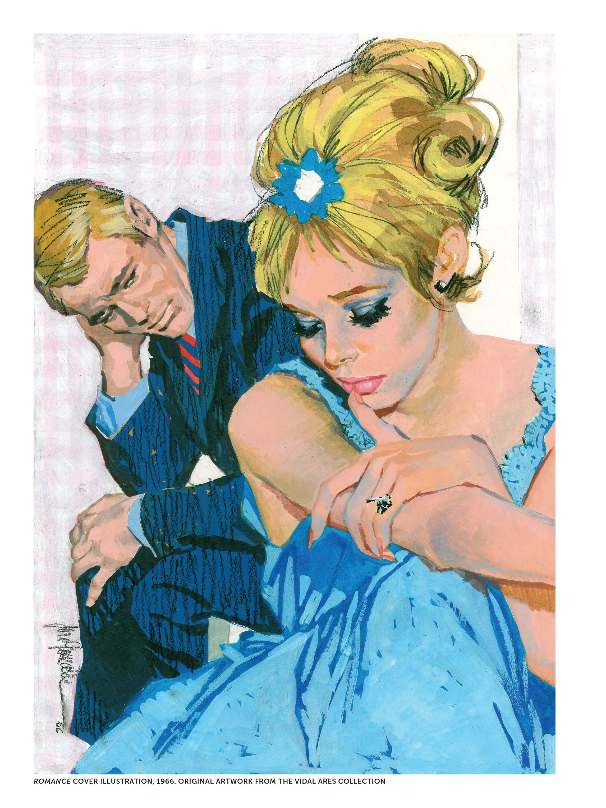 Illustration of a distressed blonde woman and a man in a suit (1966)