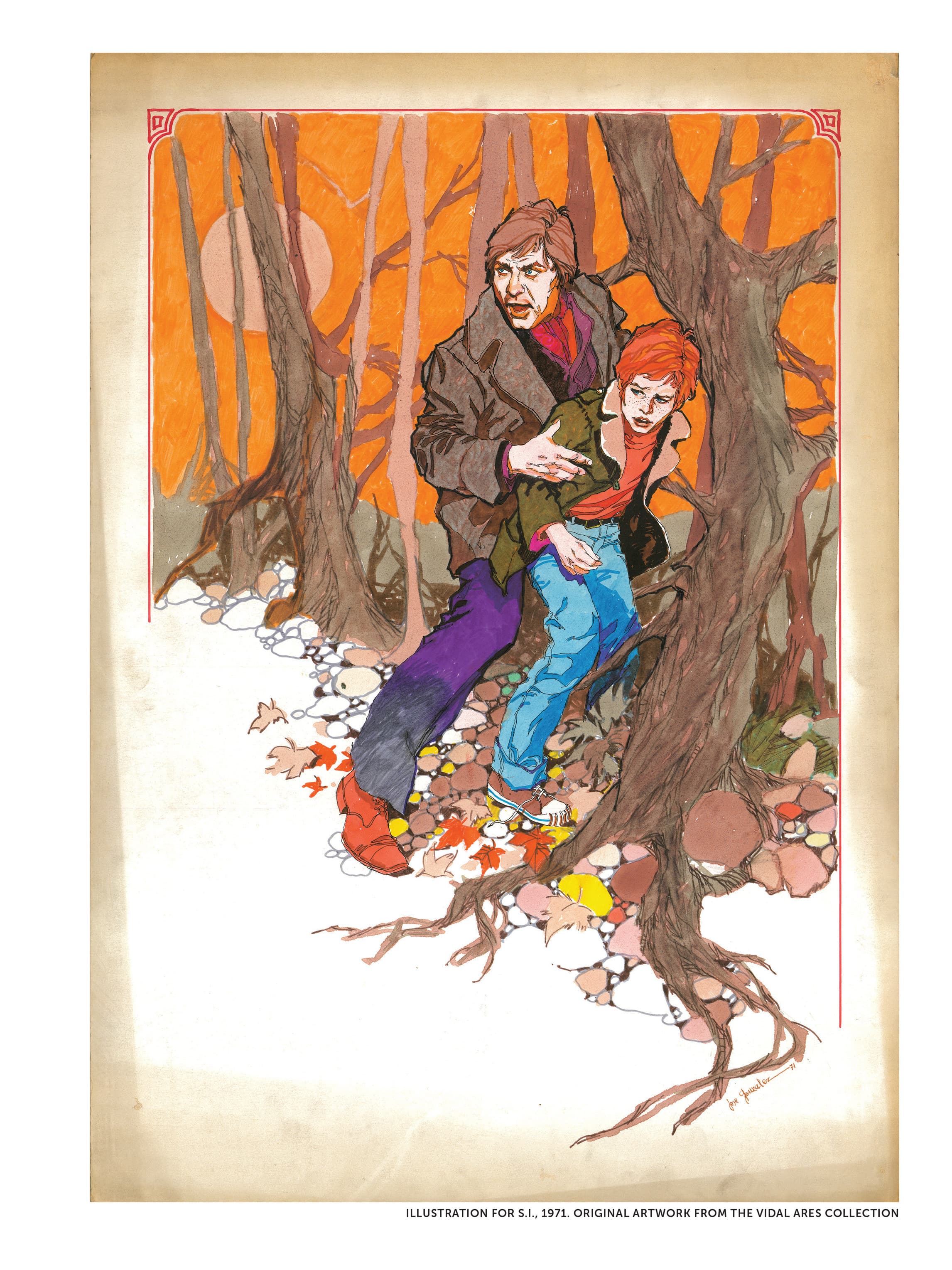 Illustration of a Man Protecting a Youth in an Orange Forest by José González (1971)