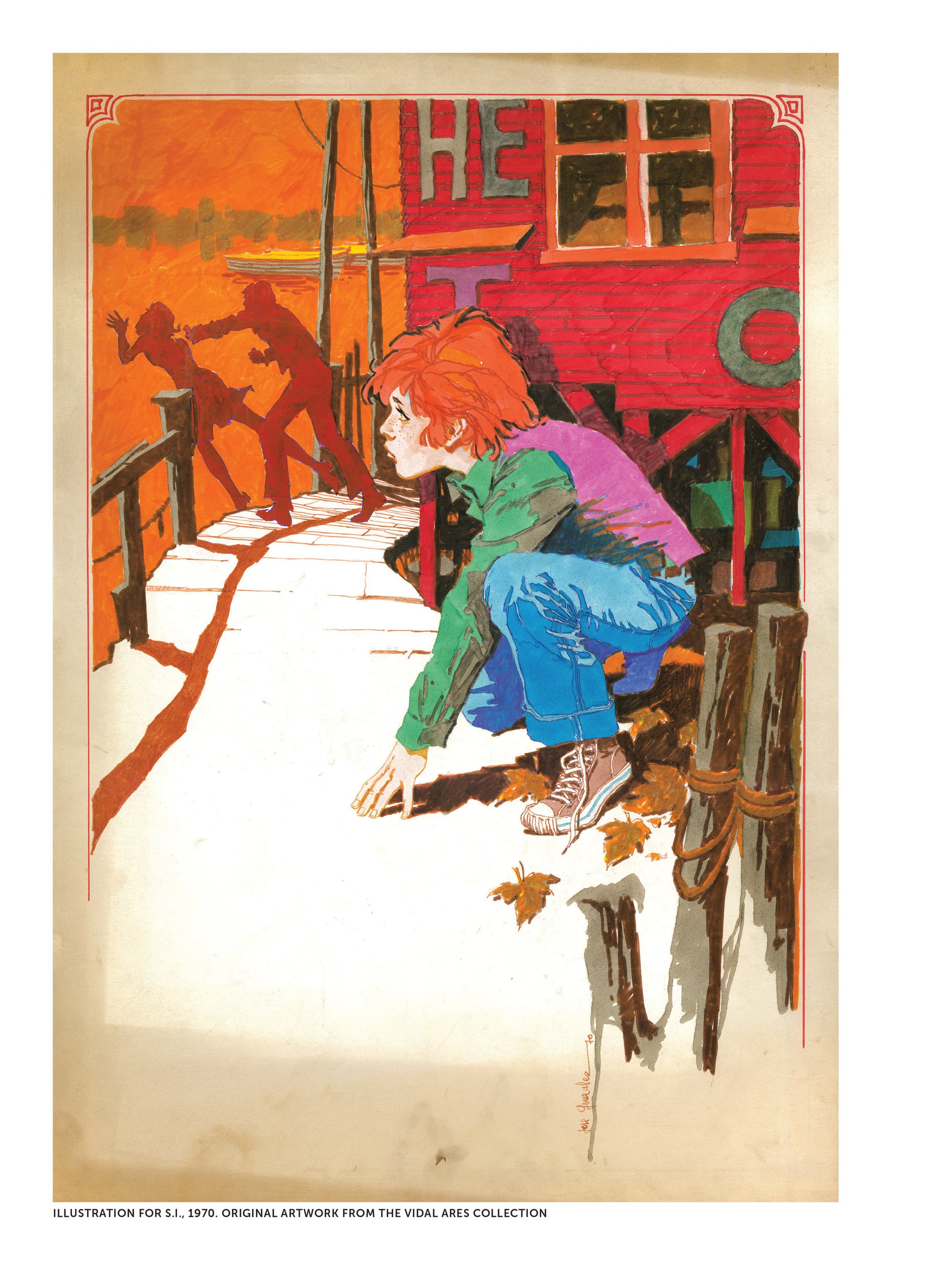 Illustration of a Red-Haired Youth Crouching on a Pier near a Red Building (1970)