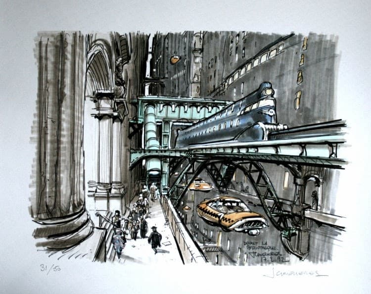 Ink and Marker Drawing of a Futuristic City Street with Elevated Train and Flying Taxis (1992)