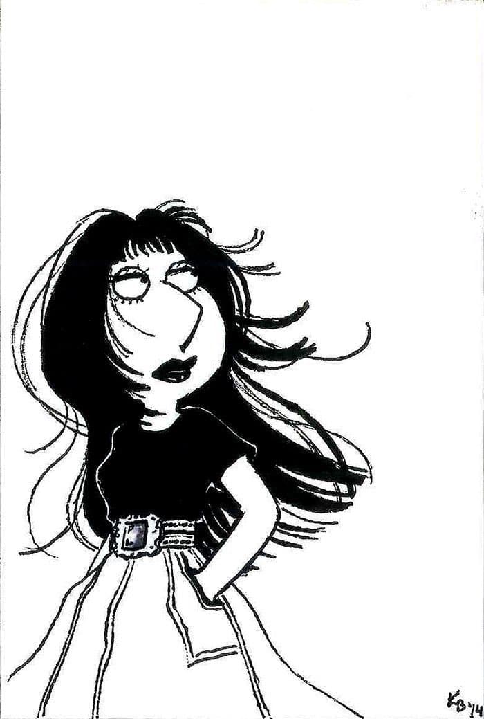 Ink Drawing of a Woman with Long Black Hair and Large Belt by Ksenia Vovchok (1974)