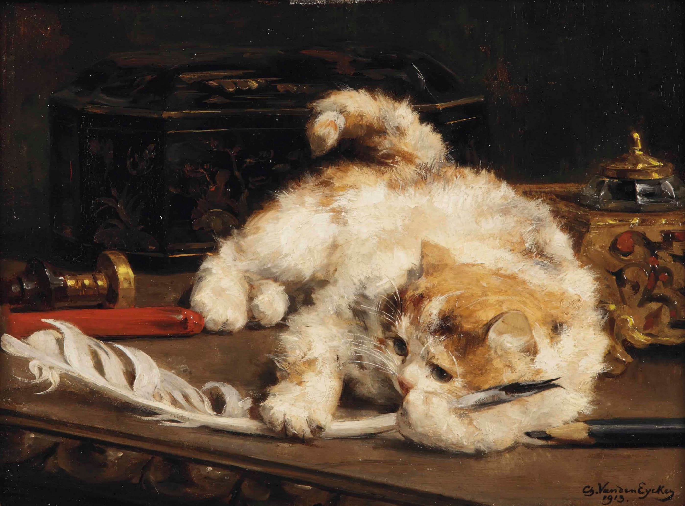Kitten Playing with a Quill by Georges Vanden Eycken (1913)