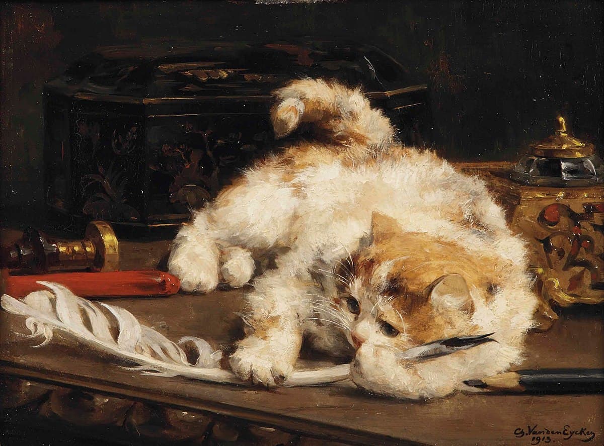 Kitten Playing with a Quill by Guillaume Vanden Eycken (1913)