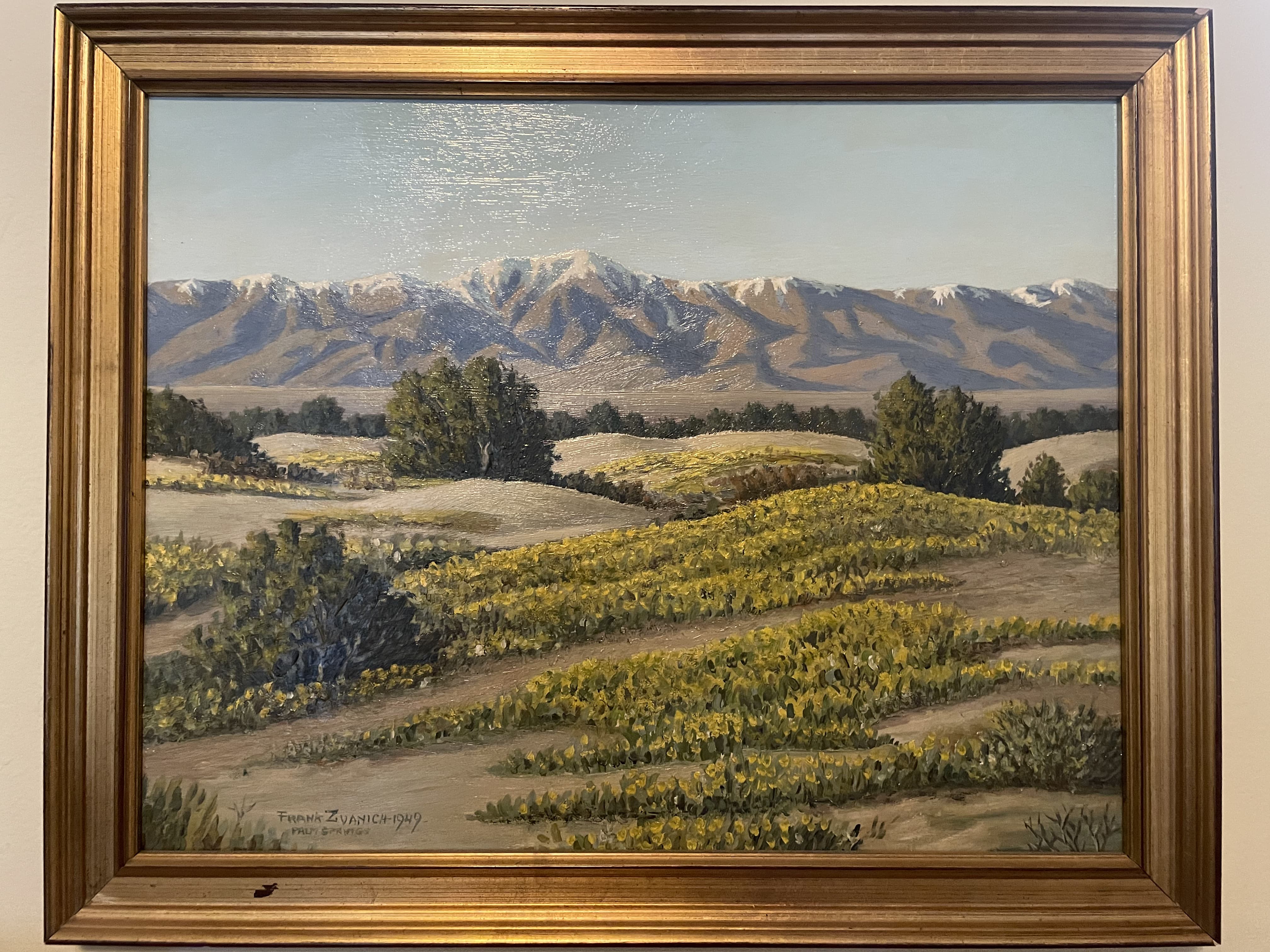Landscape with Yellow Fields and Snow-Capped Mountains by Frank Zvanich (1949)