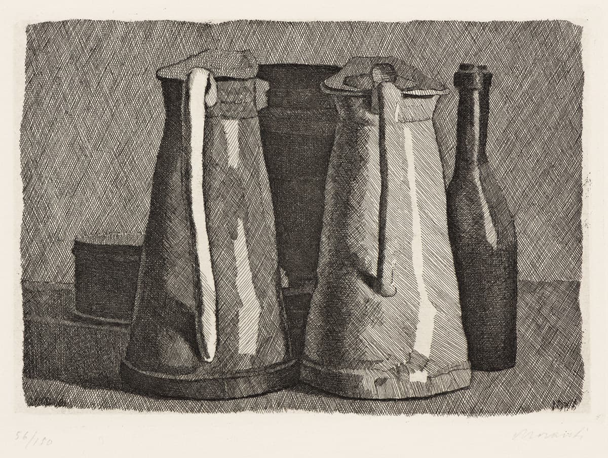 Natura morta con due brocche e una bottiglia by Giorgio Morandi (1928)