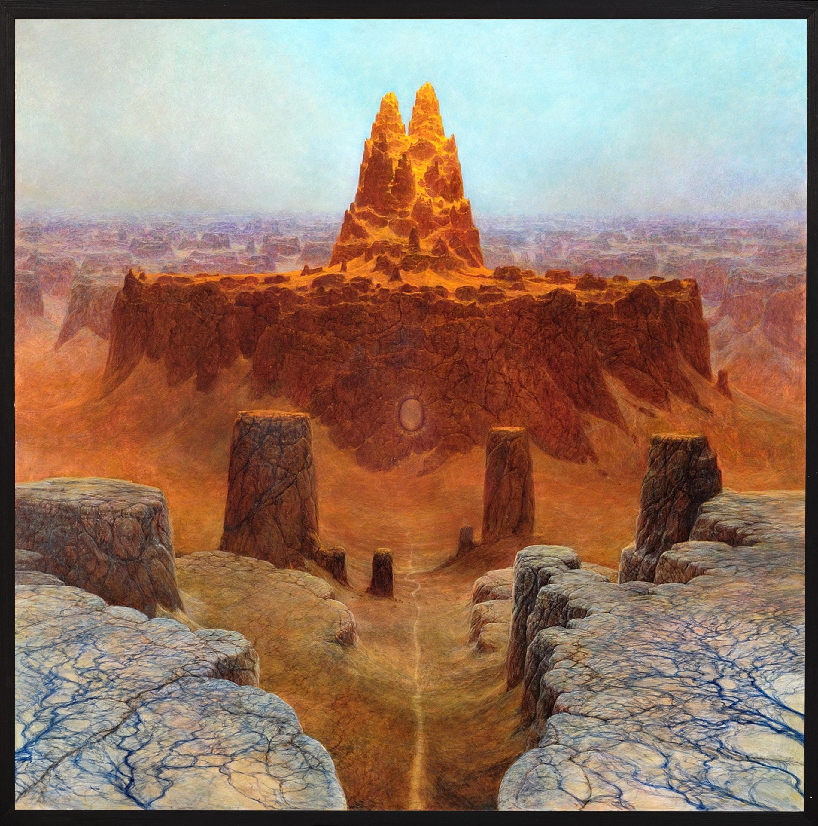 Oil Painting of a Twin-Peaked Orange Citadel in a Desolate Landscape by Zdzisław Beksiński (1973)