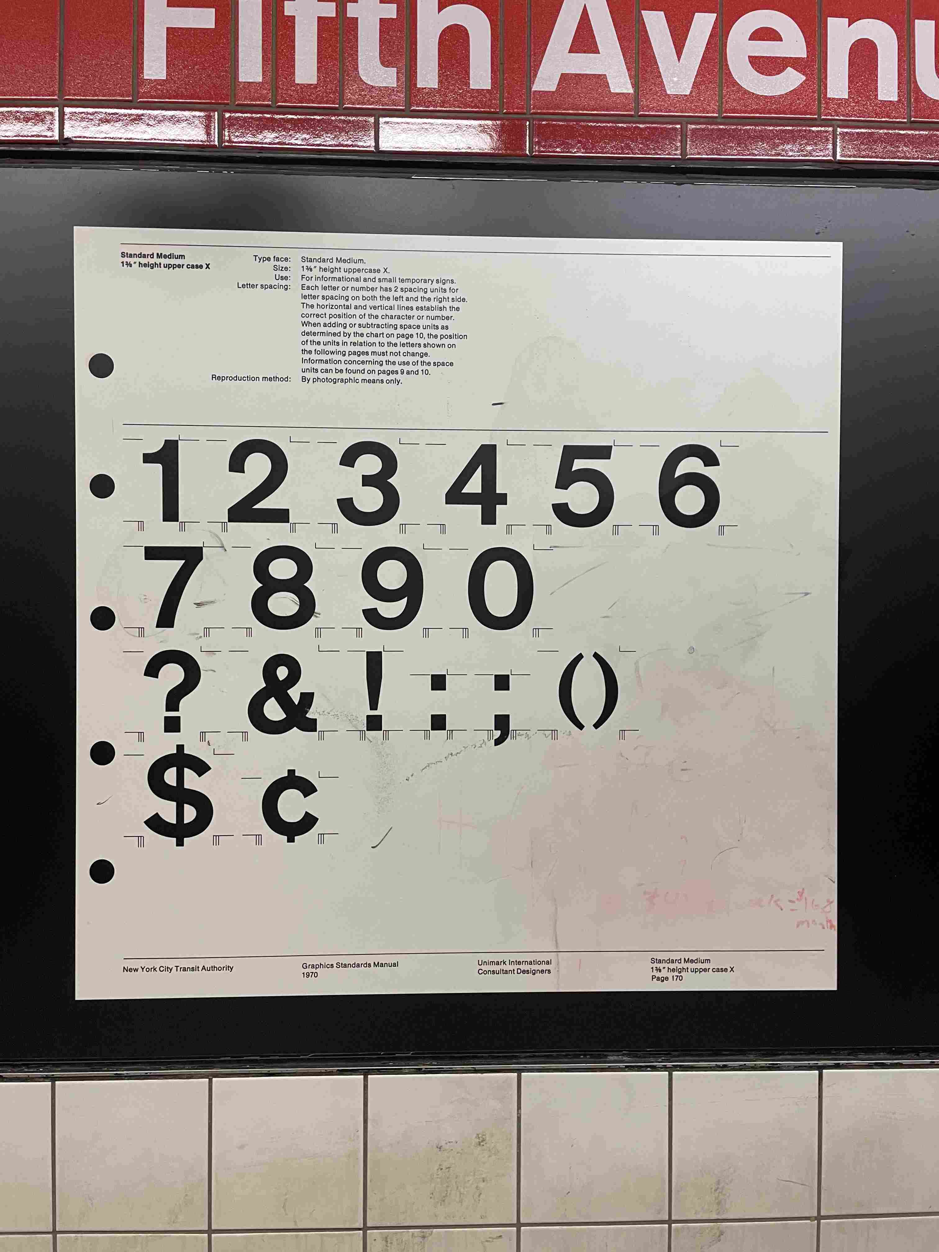 Page 170 of the New York City Transit Authority Graphics Standards Manual showing Standard Medium typeface numbers and symbols (1970)