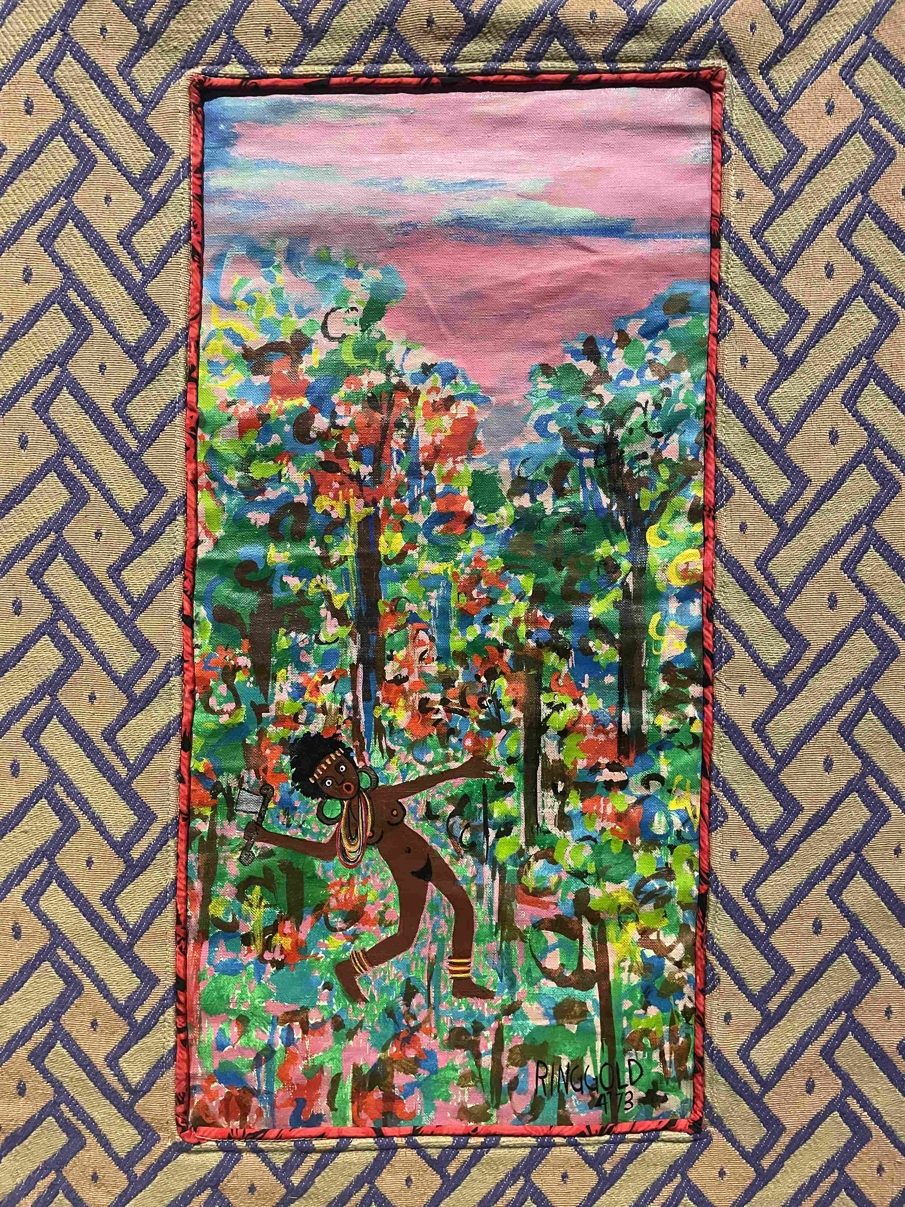 Painted fabric panel depicting a nude female figure running through a dense, colorful forest under a pink sky by Faith Ringgold (1973)