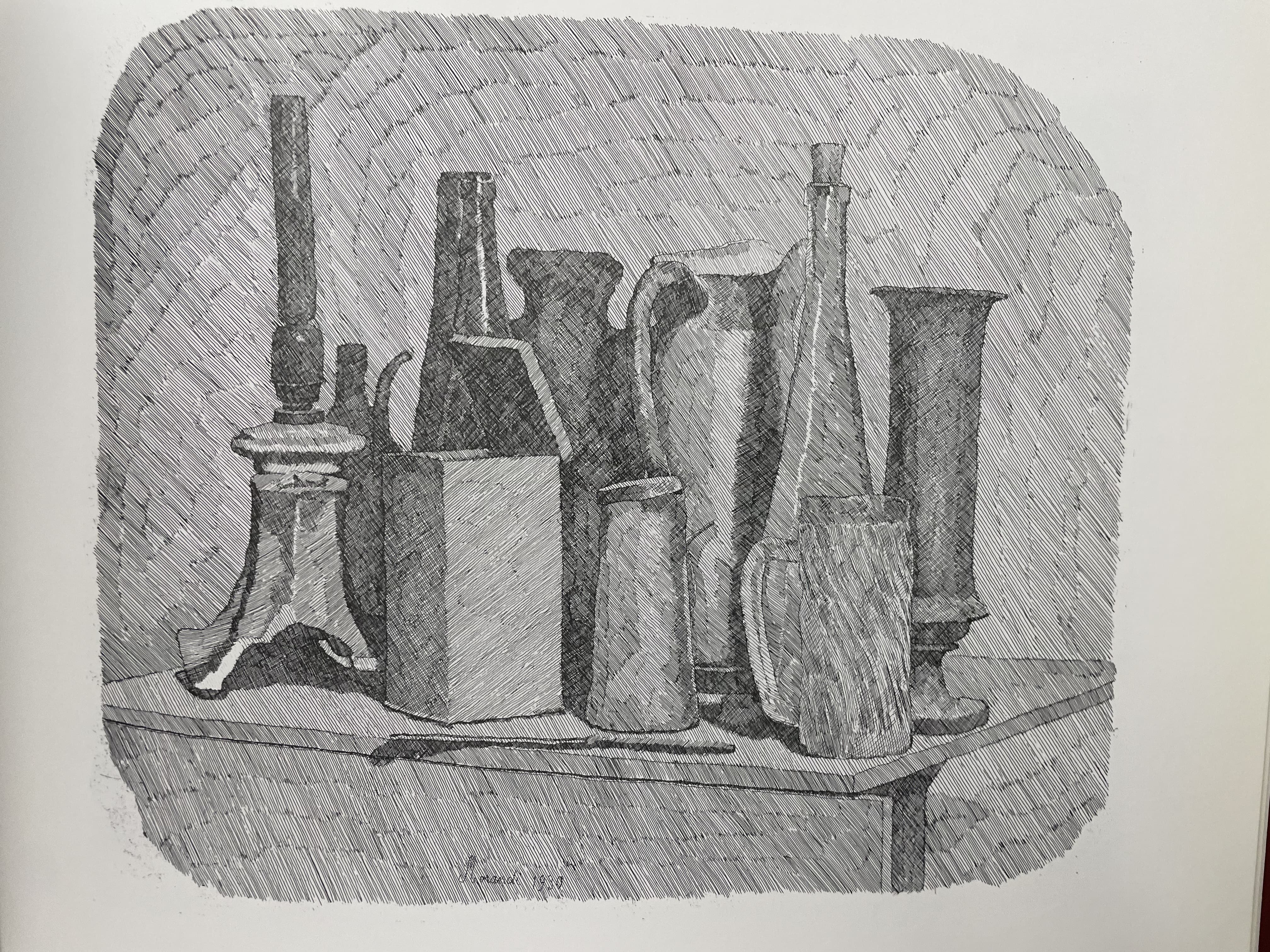 Pen and Ink Still Life of Bottles, Vases, and Candlestick by Giorgio Morandi (1930)