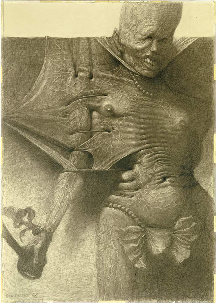Pencil drawing of a grotesque figure with stretched skin, wearing a pearl necklace by Zdzisław Beksiński (1962)