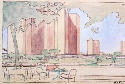 Perspective of the Voisin Plan for Paris by Le Corbusier (1925)