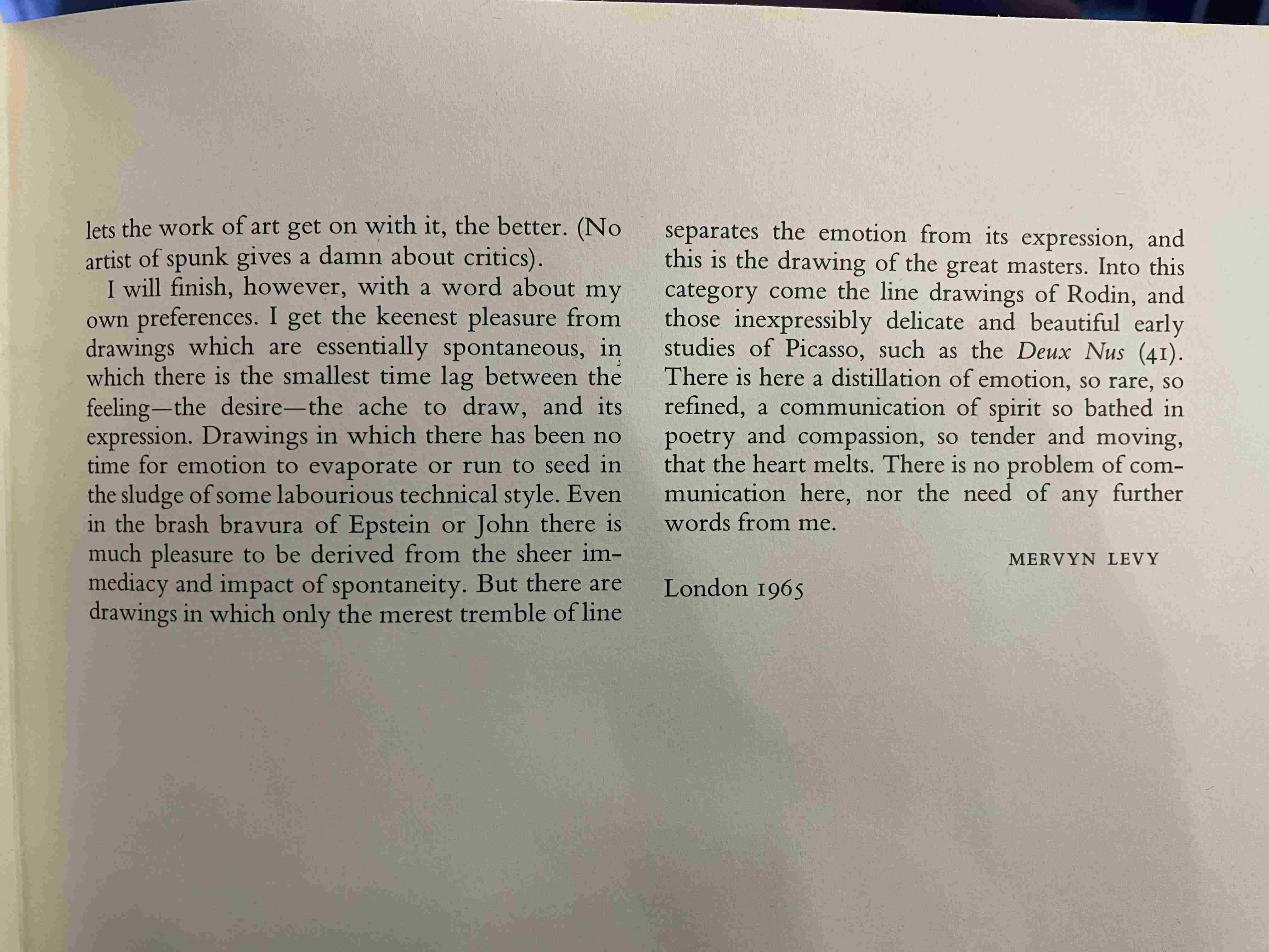 Photograph of printed text on a beige page, signed Mervyn Levy, London 1965