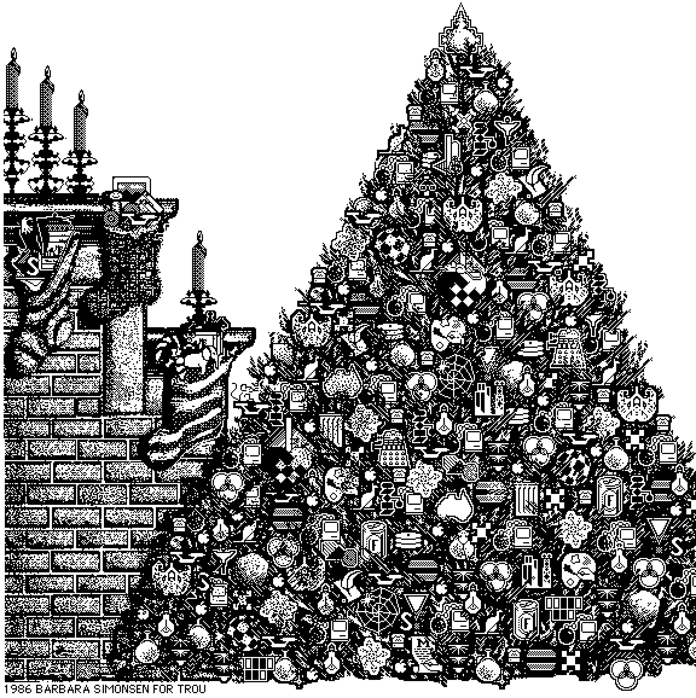 Pixel Art Illustration of a Christmas Tree and Fireplace Mantel by Barbara Simonsen (1986)