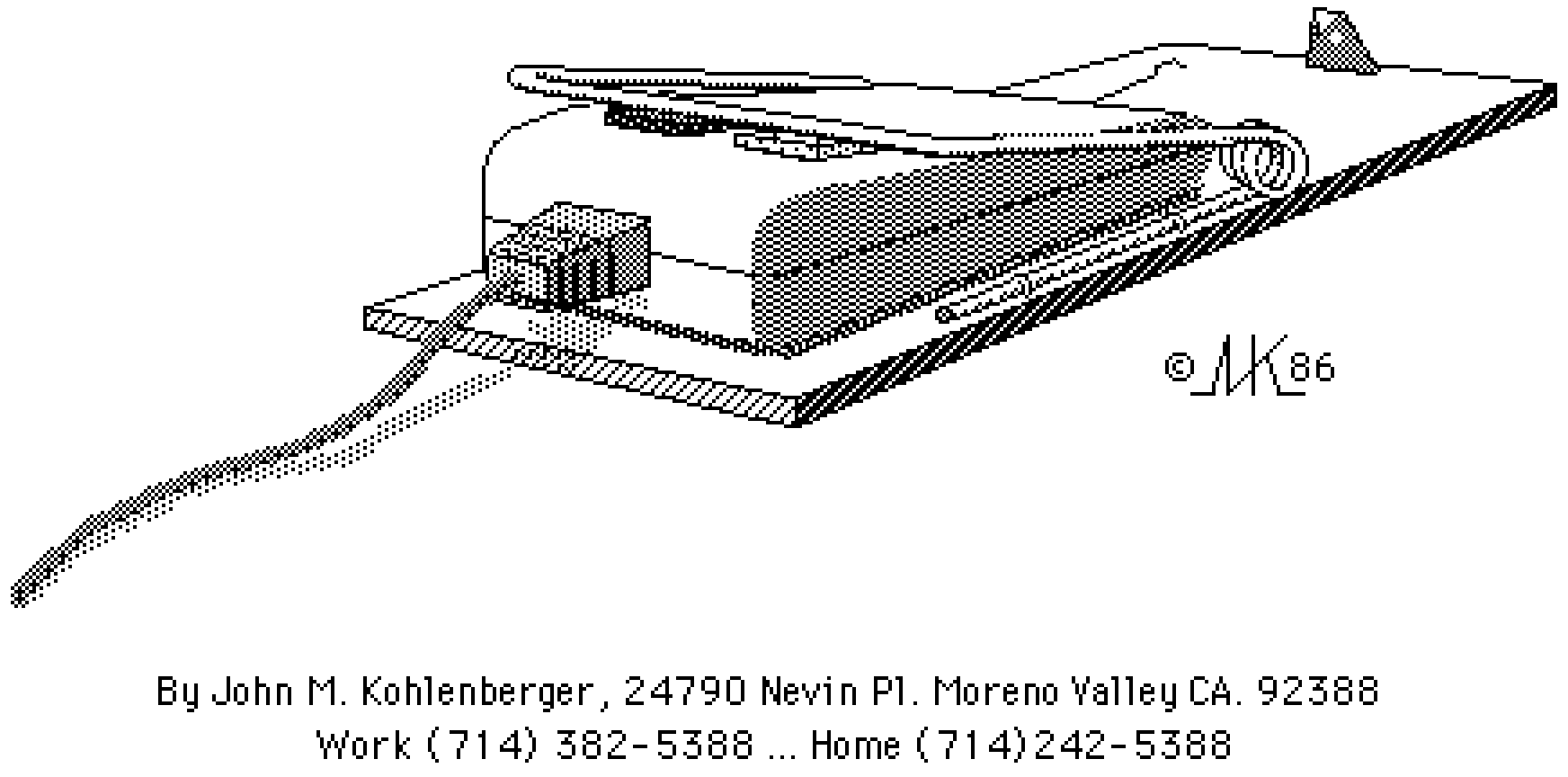 Pixelated Black and White Drawing of a Low-Profile Mechanical Device with a Cable by John M. Kohlenberger (1986)