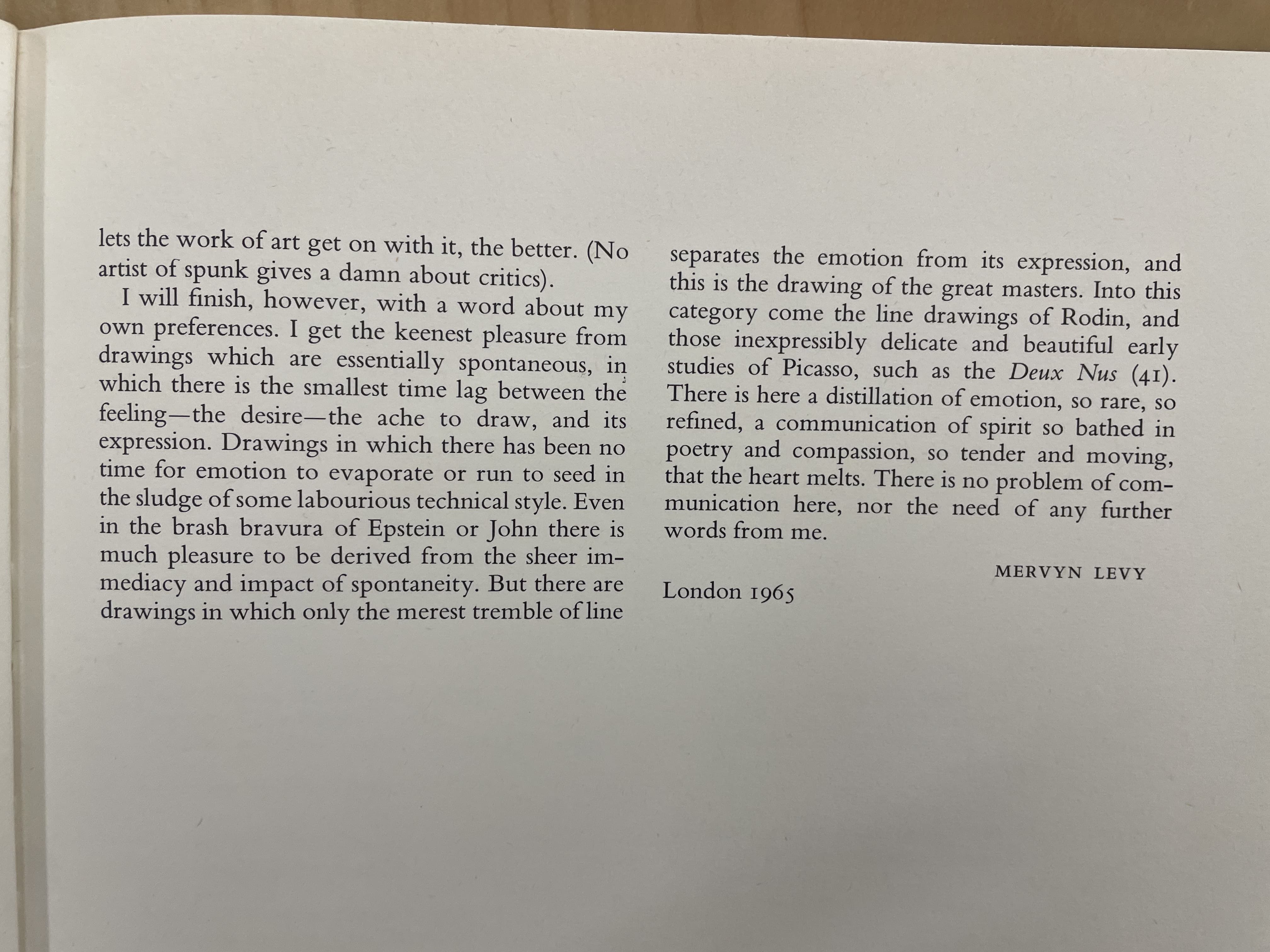 Printed text on a cream-colored page, including the name Mervyn Levy and the date London 1965