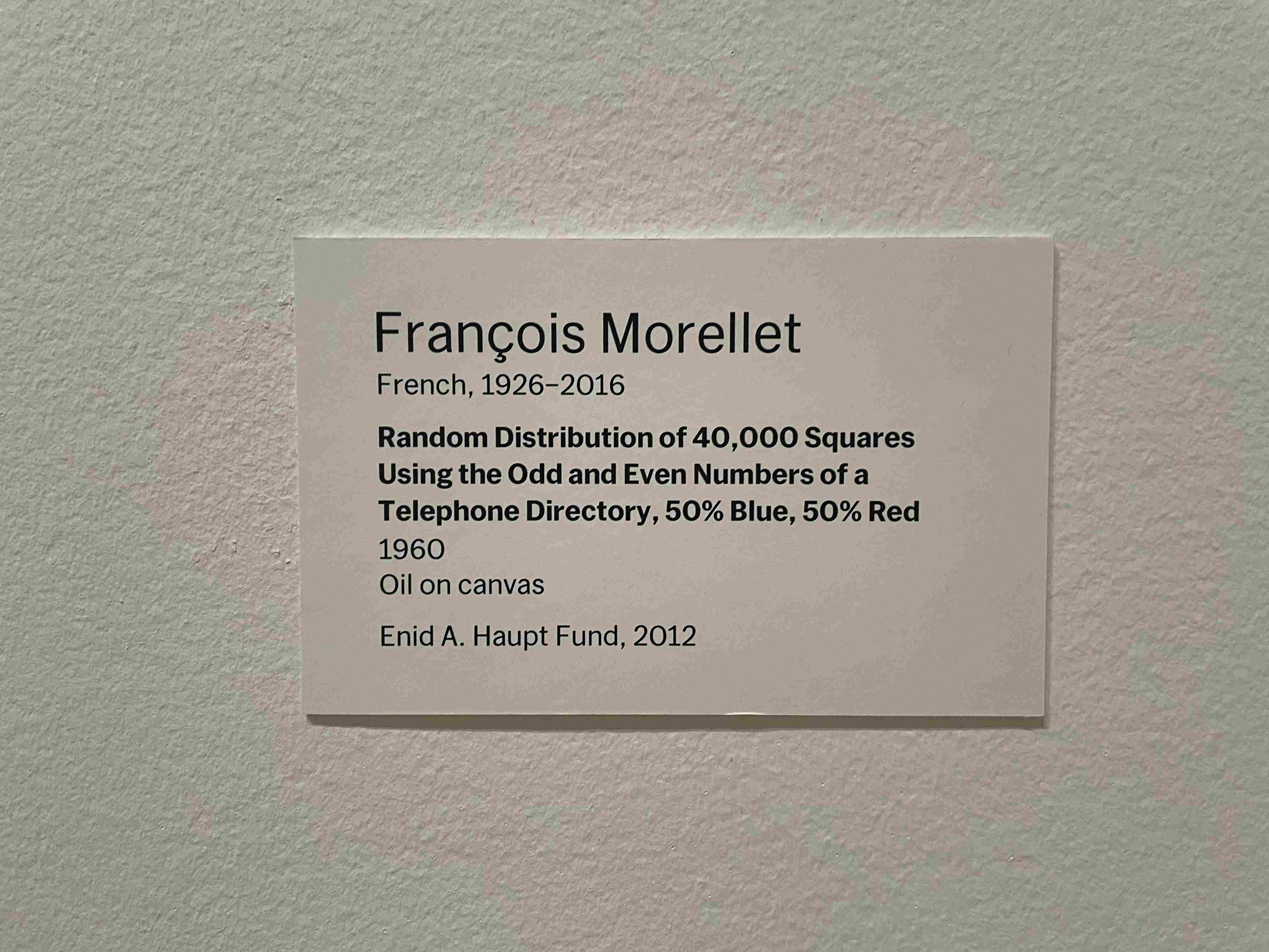 Random Distribution of 40,000 Squares Using the Odd and Even Numbers of a Telephone Directory, 50% Blue, 50% Red by François Morellet (1960)