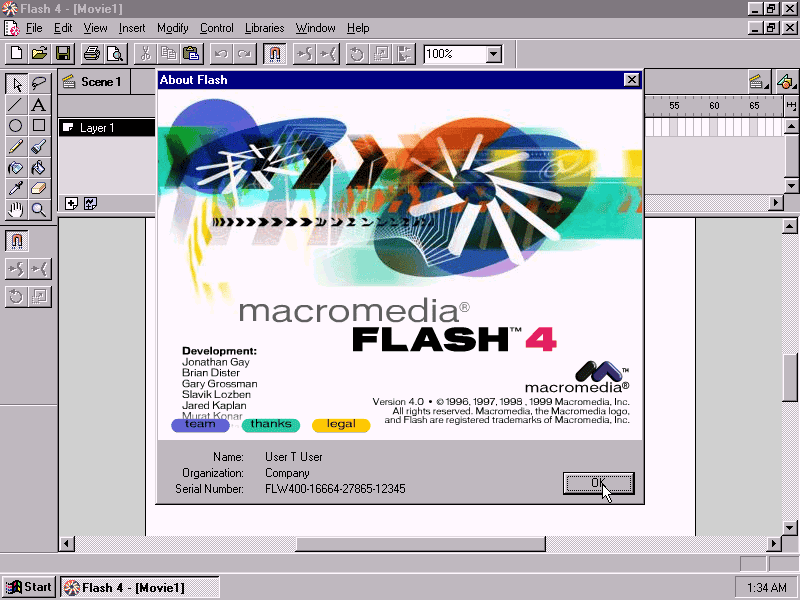 Screenshot of Macromedia Flash 4 'About' Dialog Box (1999)