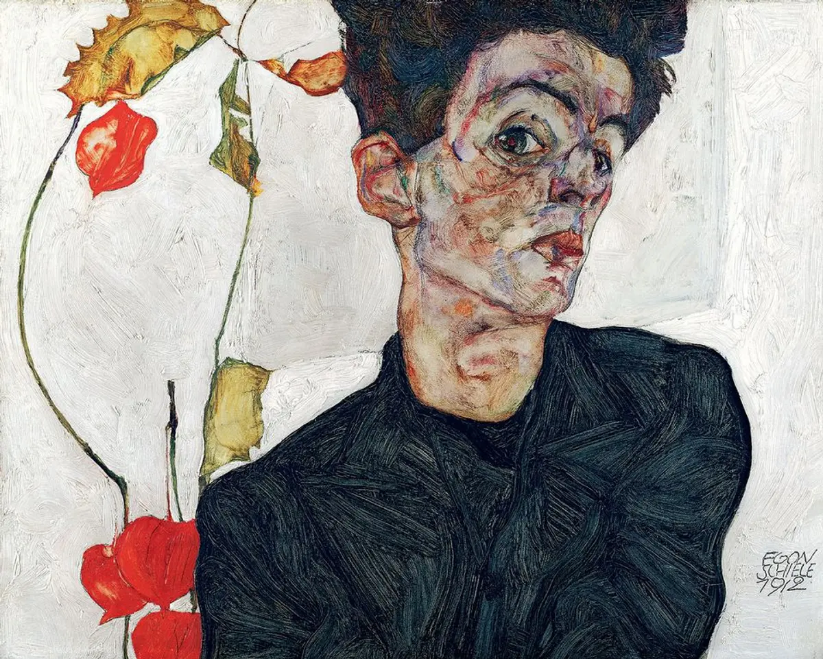 Self-Portrait with Chinese Lanterns by Egon Schiele (1912)