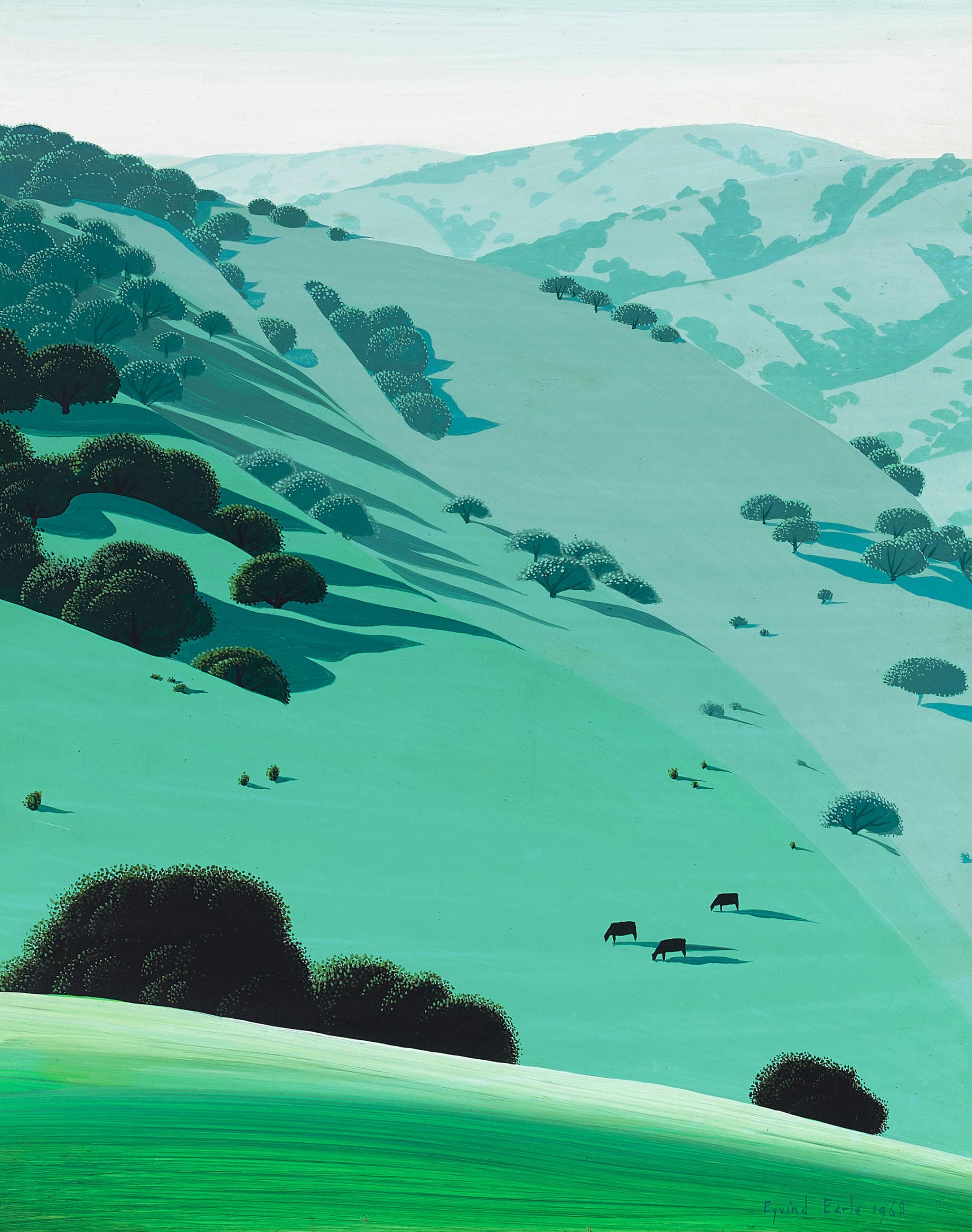 Stylized Painting of Green Rolling Hills and Grazing Cattle by Eyvind Earle (1968)