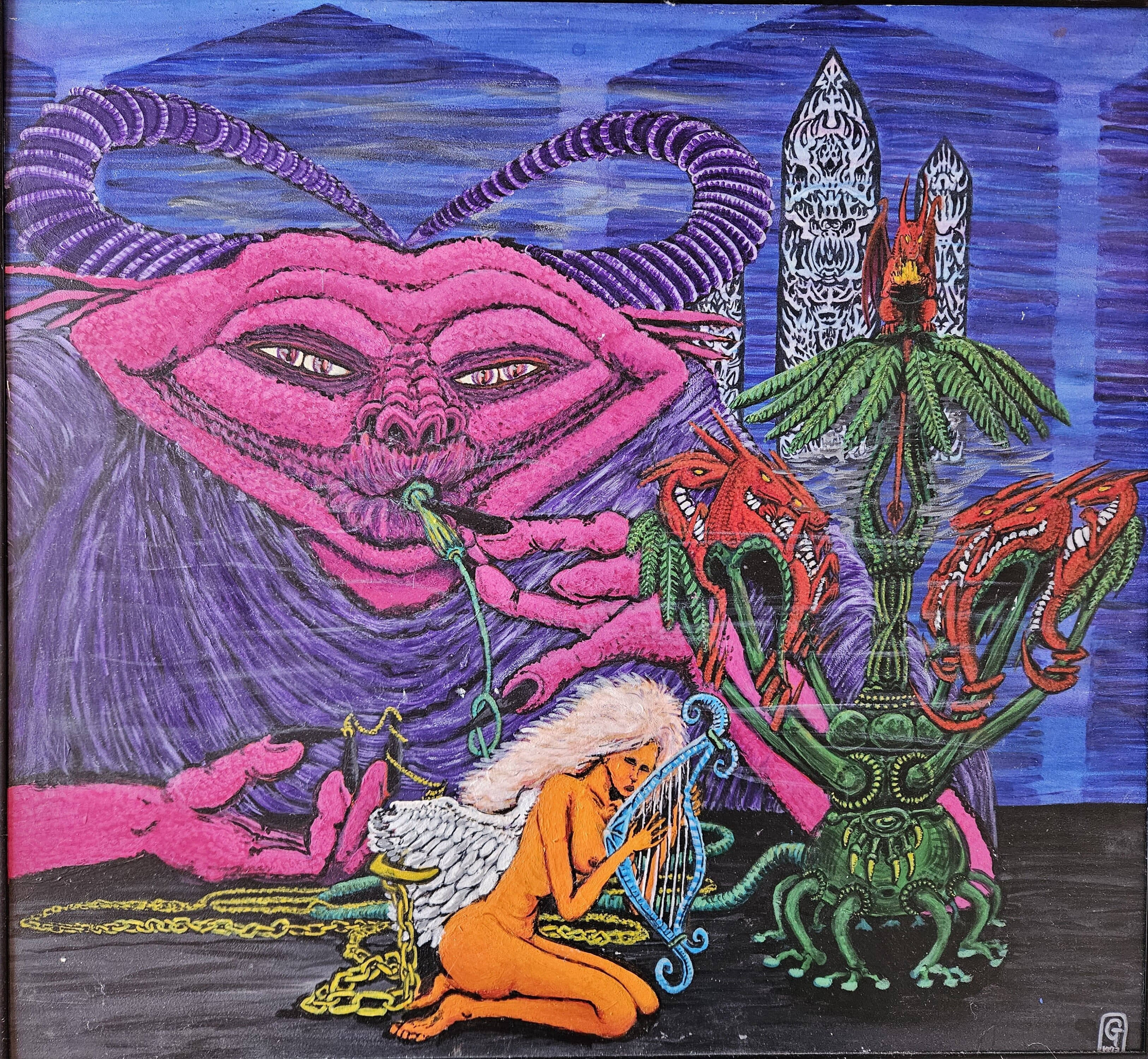 Surreal painting of a large pink horned creature watching a kneeling winged woman playing a blue harp (1973)