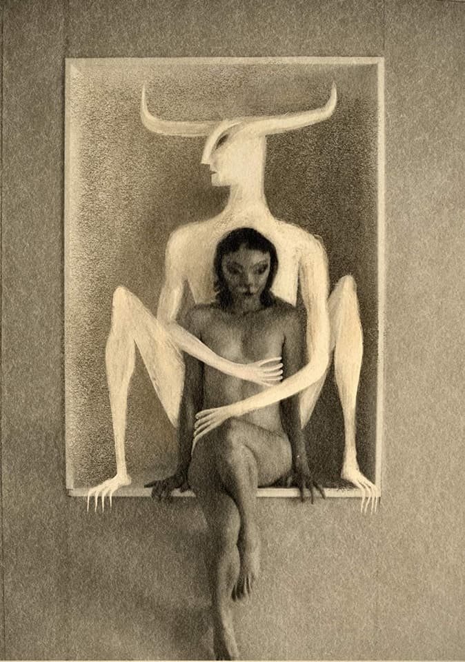The Minotaur and the Woman by Zdzisław Beksiński (1985)