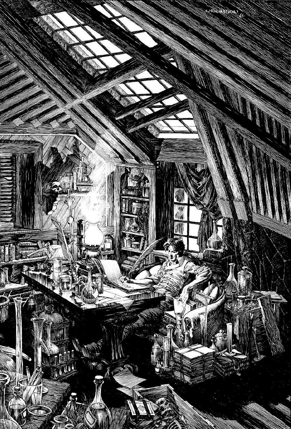 Victor Frankenstein in his laboratory by Bernie Wrightson (1976)