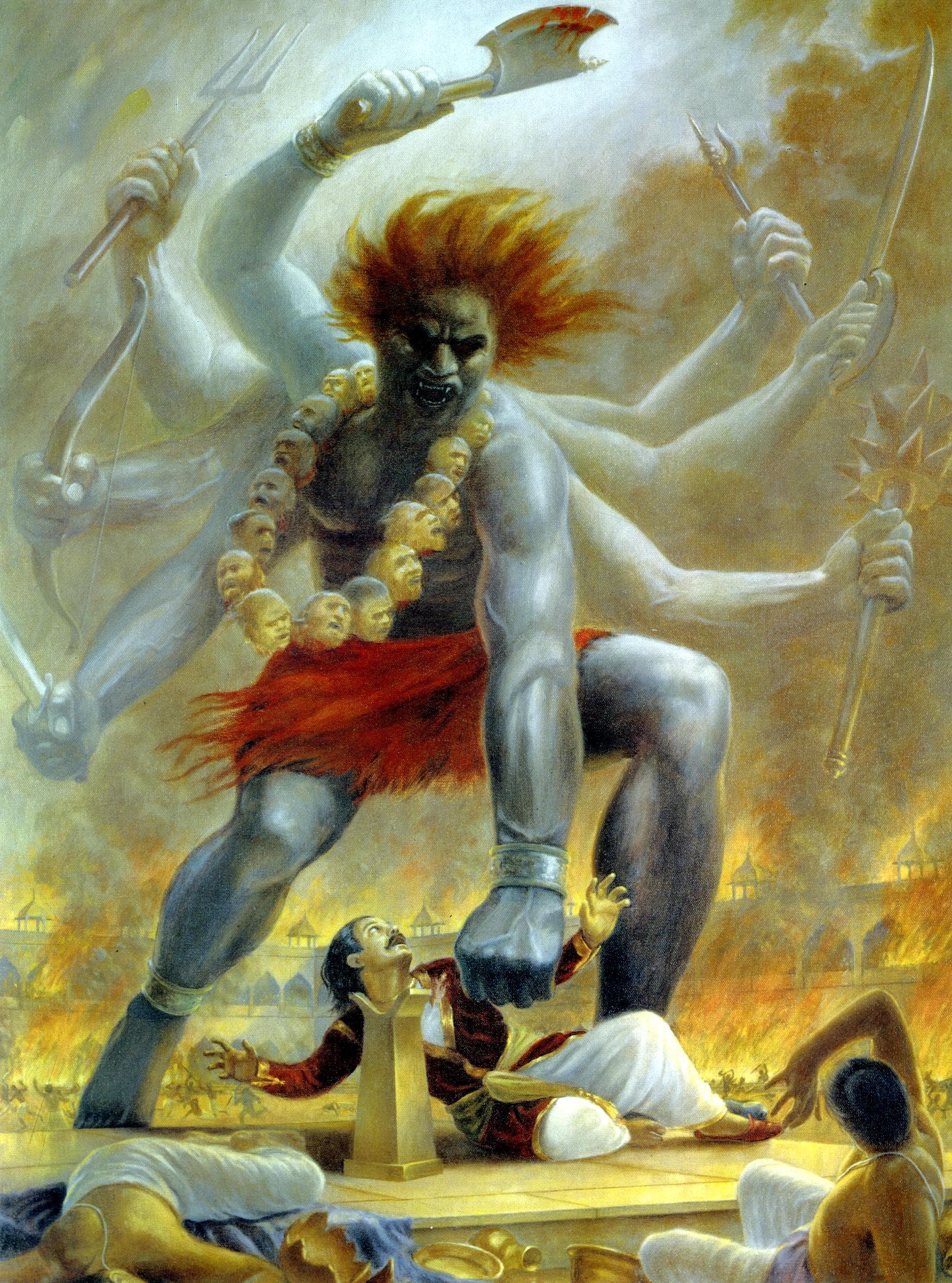 Virabhadra destroying Daksha's sacrifice by Jadurani Dasi (1975)