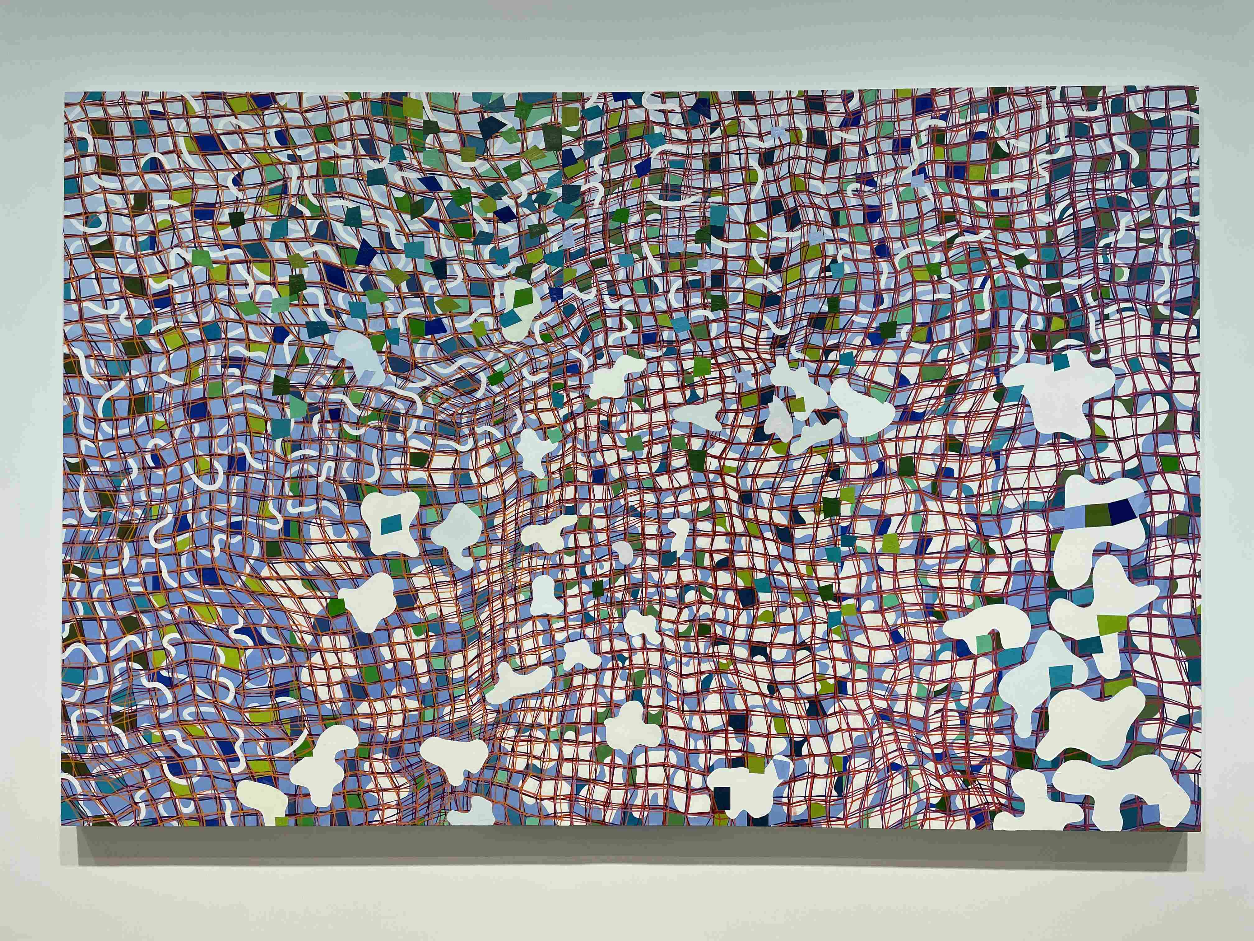 Abstract Painting with Distorted Red Grid, Colored Squares, and White Amorphous Shapes