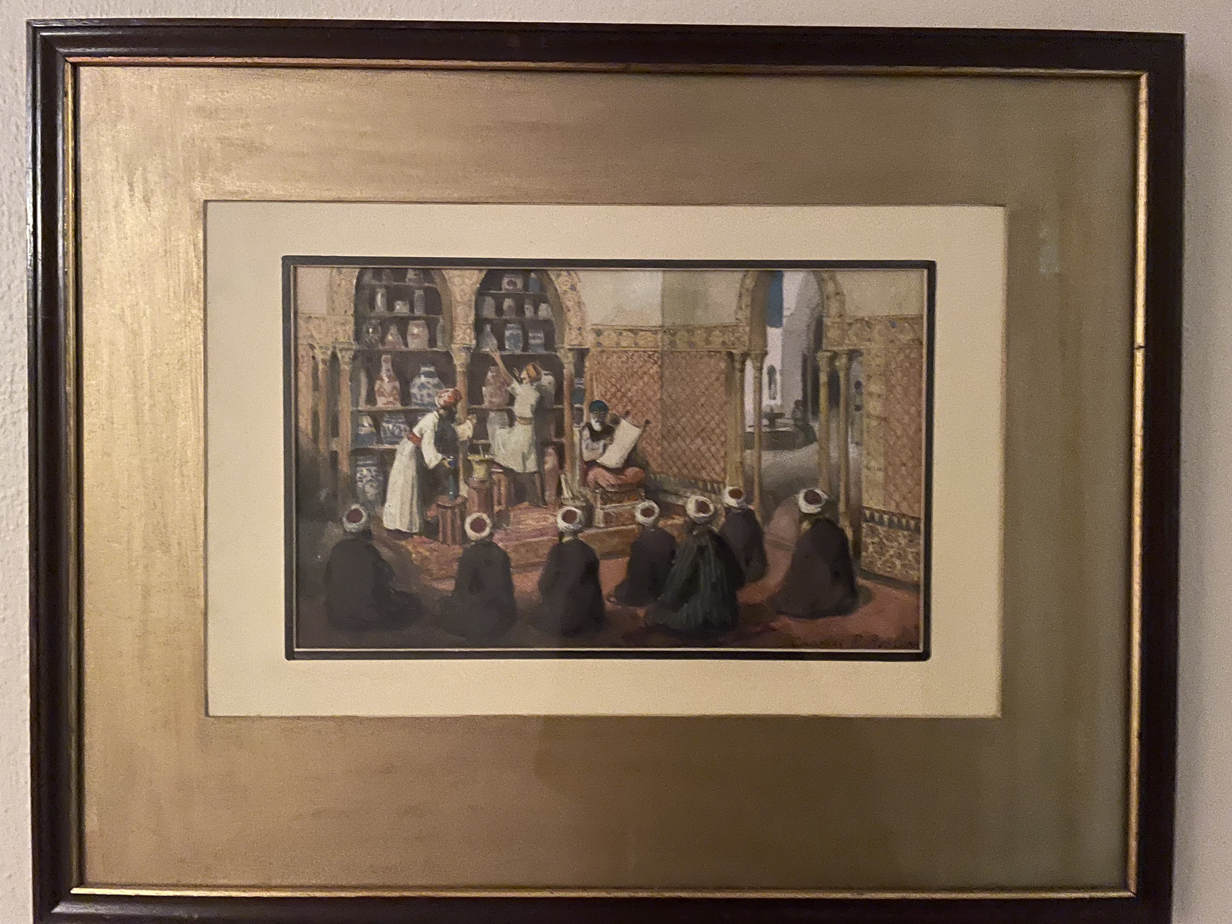 Orientalist Watercolor of Men Gathered in an Apothecary Shop