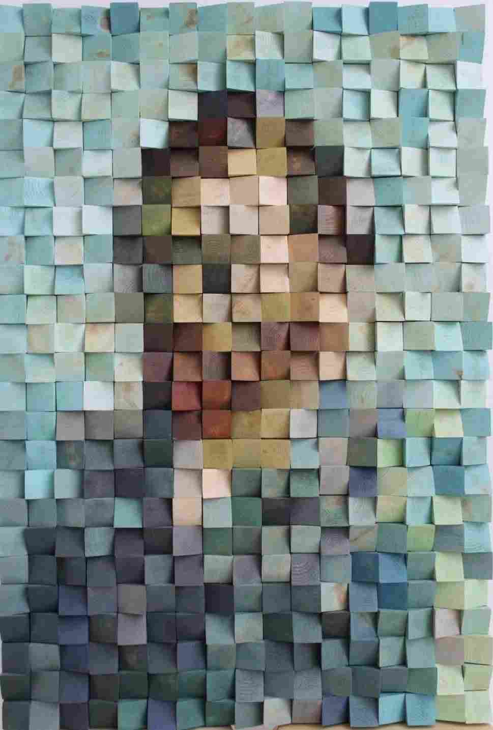 3D Pixelated Portrait Relief Sculpture Made of Colored Wooden Cubes