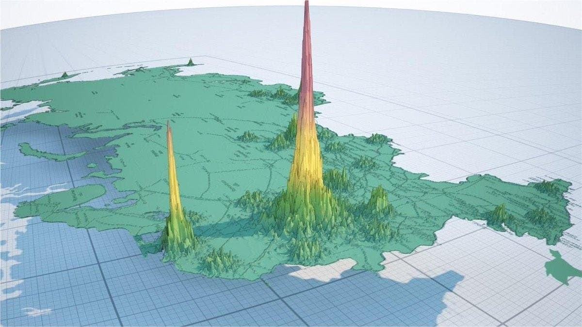3D Data Visualization Map with Density Spikes over a Landmass