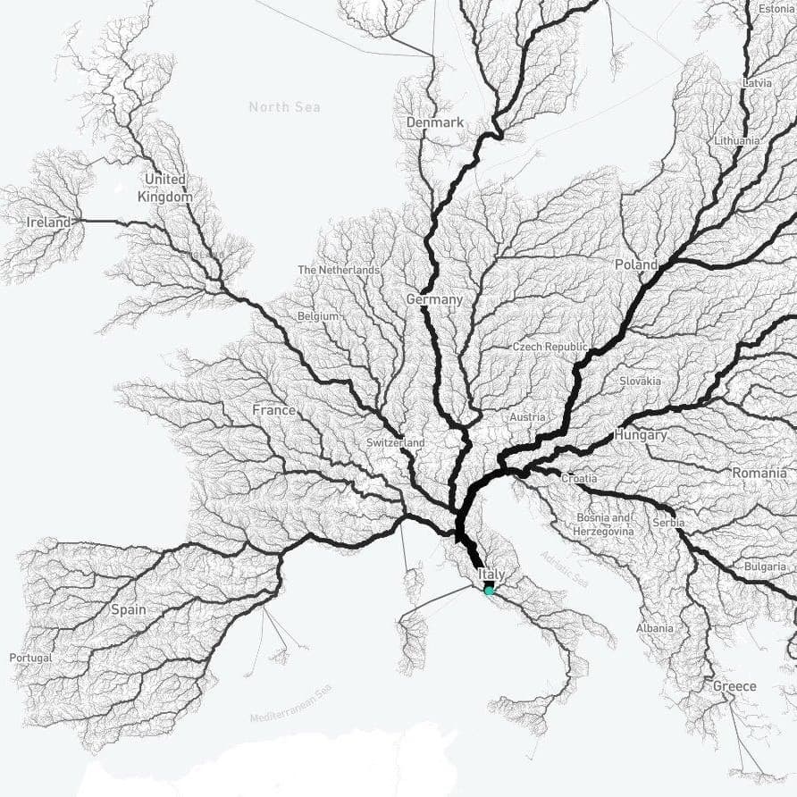 Black and White Map of Europe with Dendritic Network Overlay