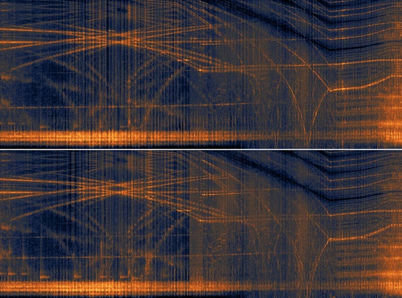 Digital Visualization of Orange and Yellow Lines on a Dark Blue Background, Split Horizontally
