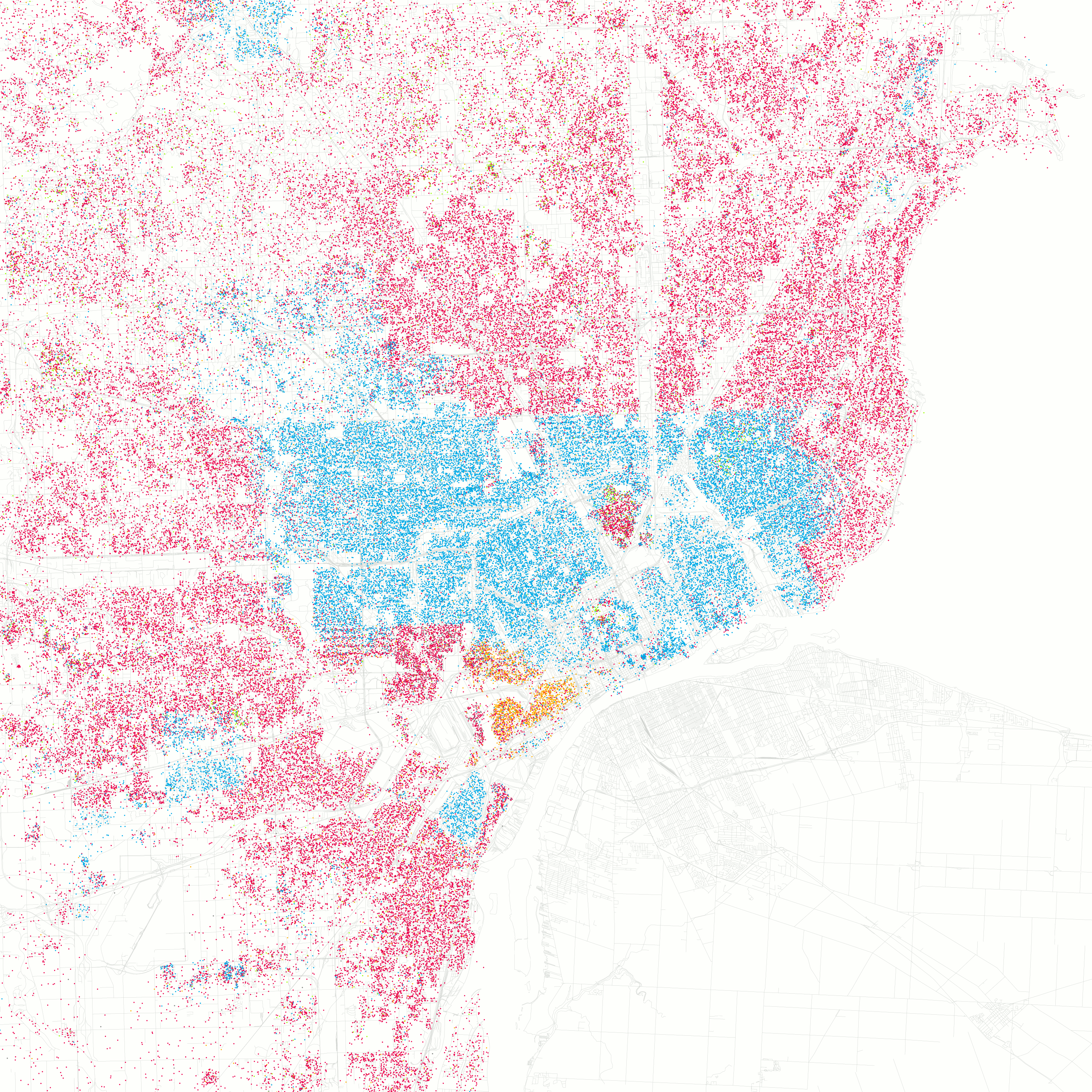 Map of Detroit Showing Demographic Distribution by Color Coded Dots