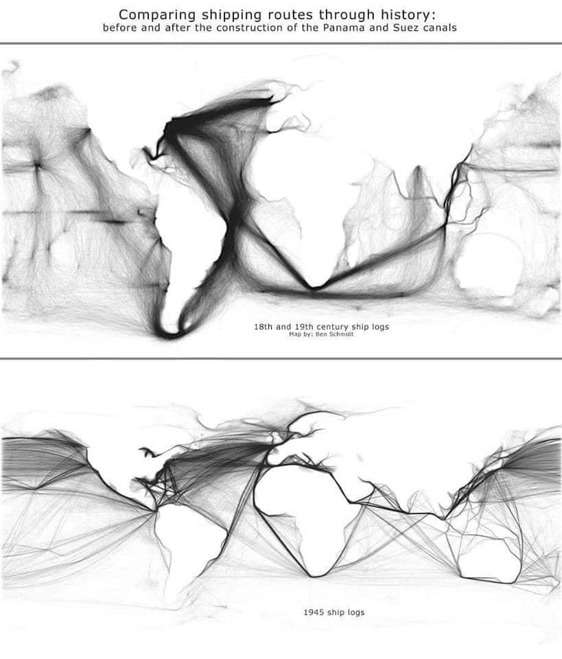 Comparing shipping routes through history: before and after the construction of the Panama and Suez canals by Ben Schmidt