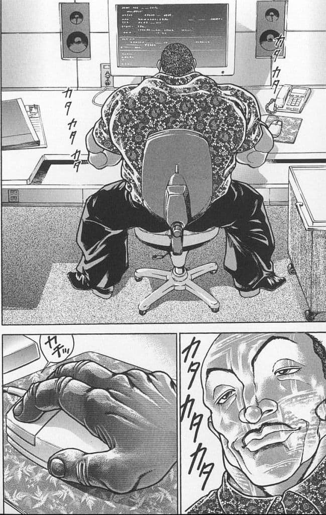 Black and White Manga Panel Depicting a Muscular Man (Biscuit Oliva) at a Computer by Keisuke Itagaki