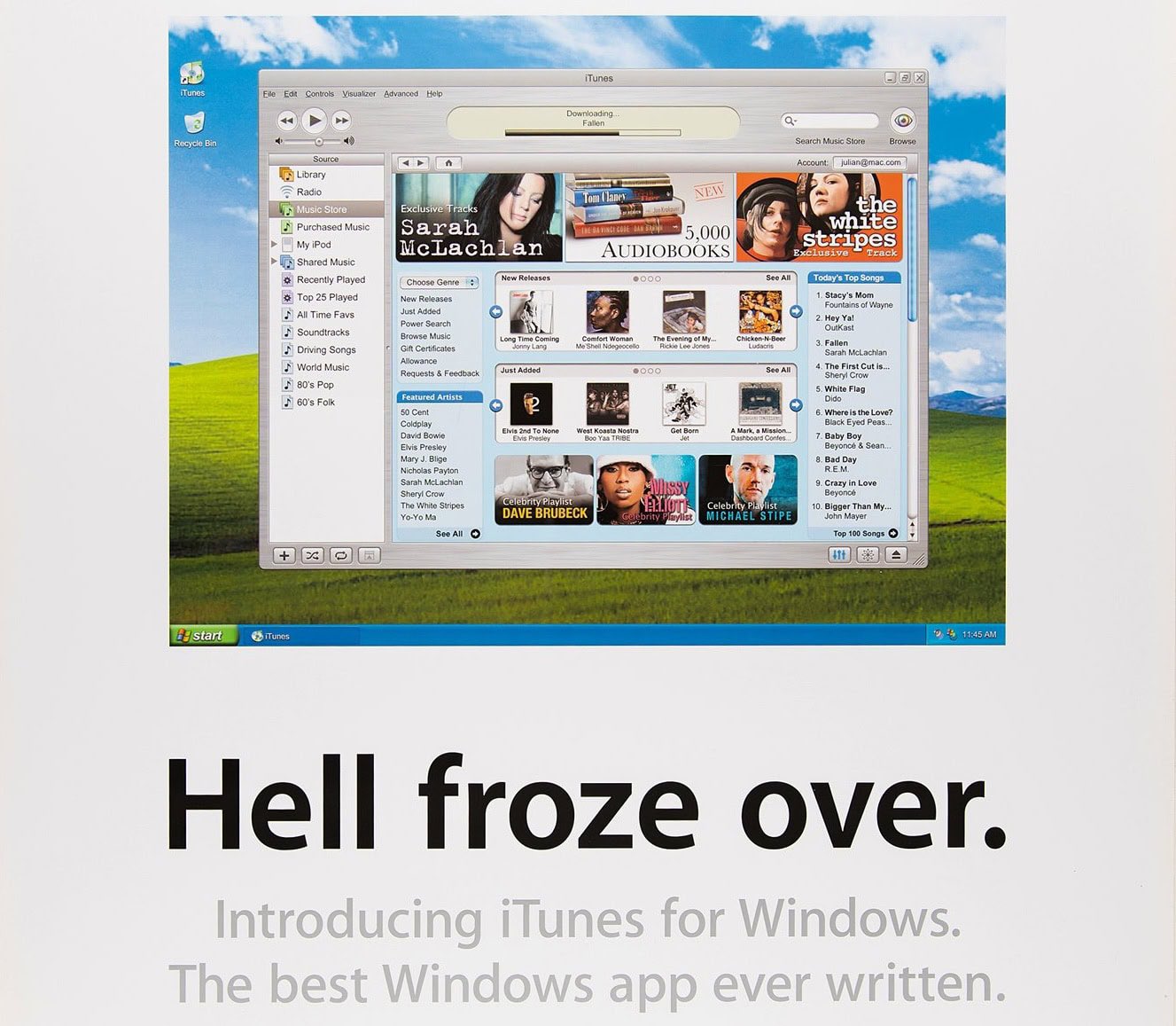 Document Advertisement for iTunes on Windows with 'Hell Froze Over' tagline. by Apple Inc