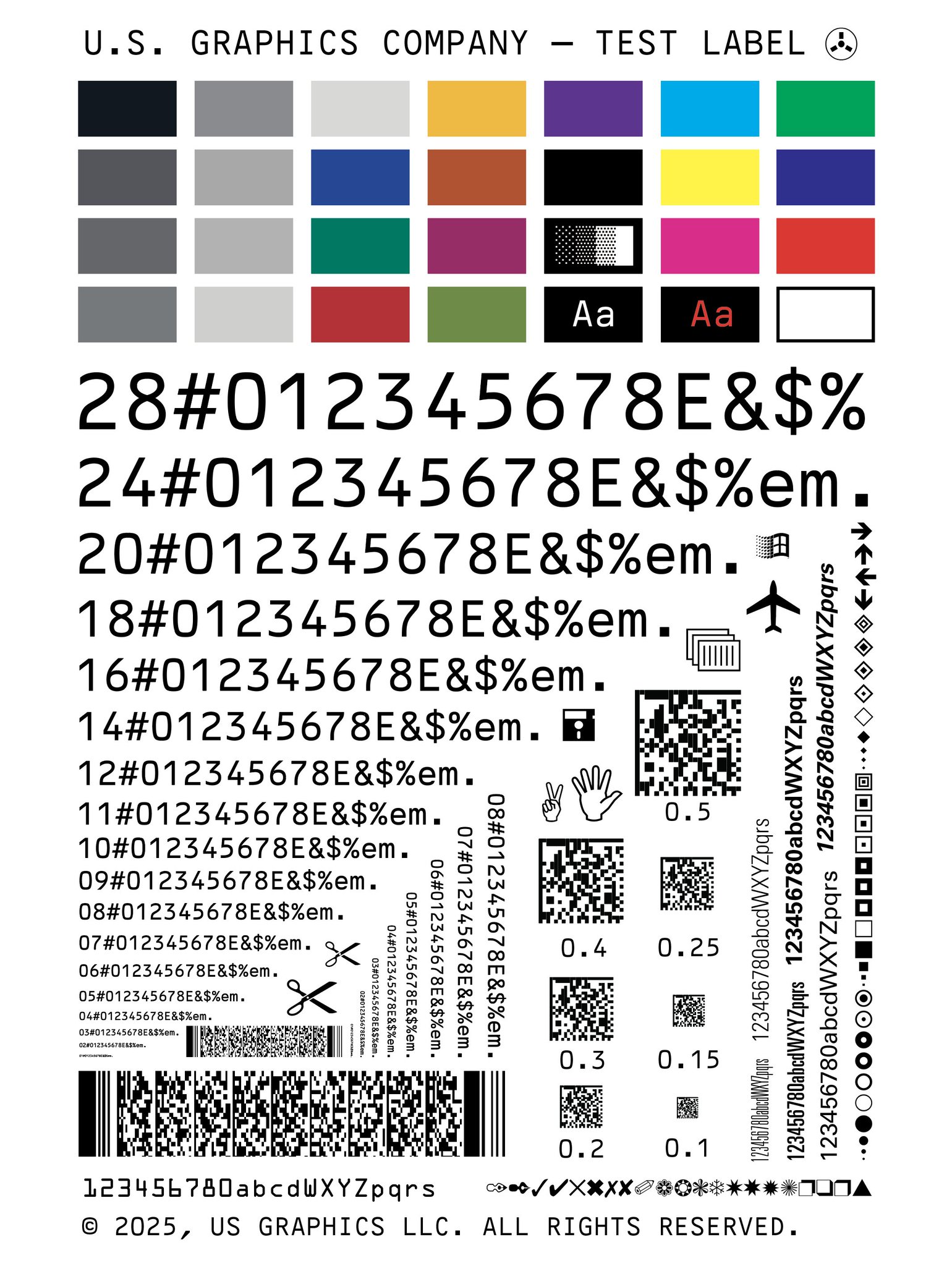 Document Test Label With Color Swatches, Fonts, Symbols, Barcodes, And QR Codes