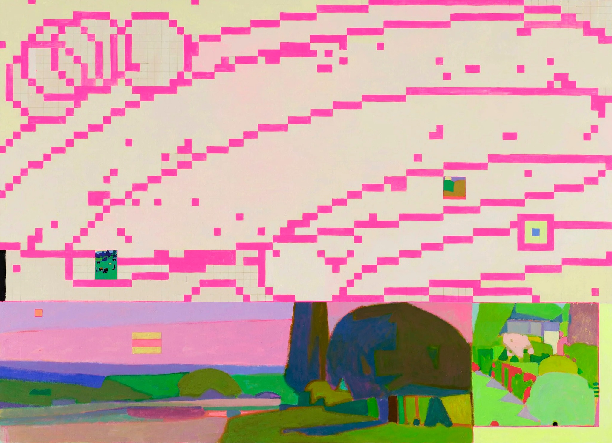 Illustration Abstract Composite of Pixel Art and Colorful Landscape Paintings