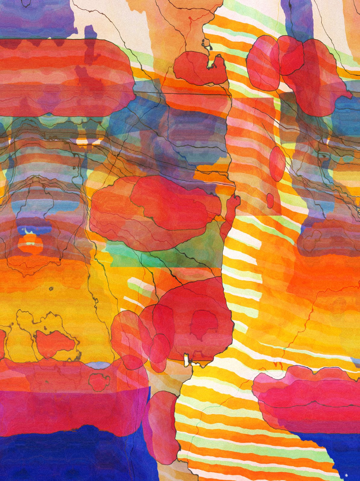 Illustration Abstract Composition with Vibrant Colors, Organic Shapes, and Wavy Lines