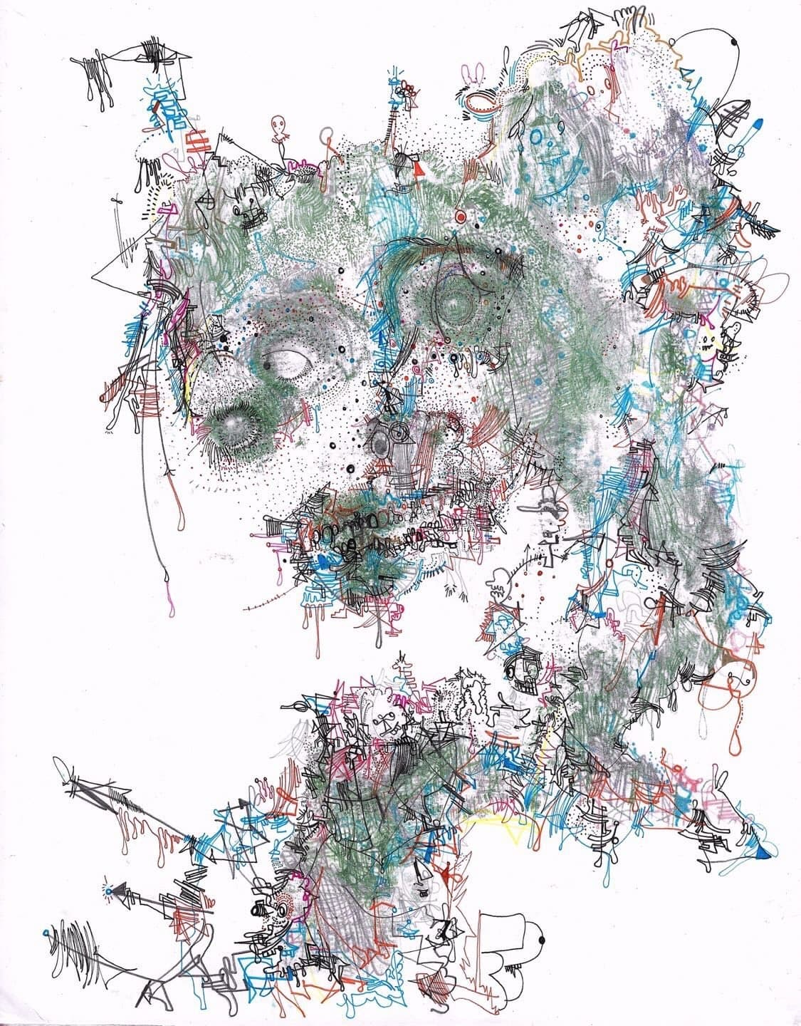 Illustration Abstract Doodled Face with Intricate Colorful Lines and Green Shading