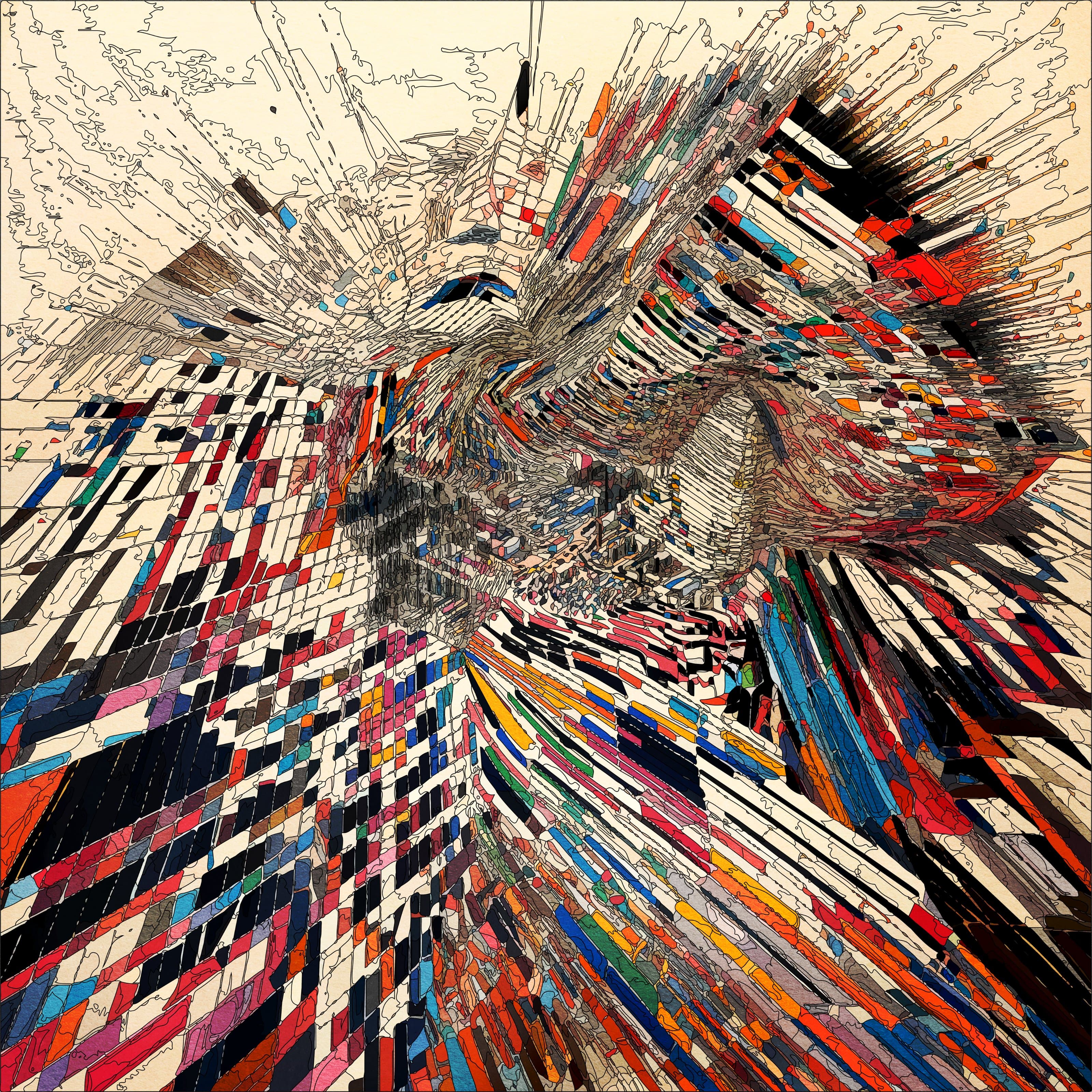 Illustration Abstract Fragmented Colorful Shapes with Outlines, Radiating and Swirling