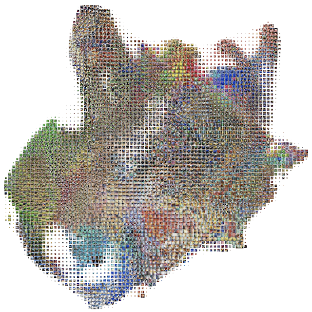 Digital mosaic composed of small colorful squares forming an irregular, abstract shape