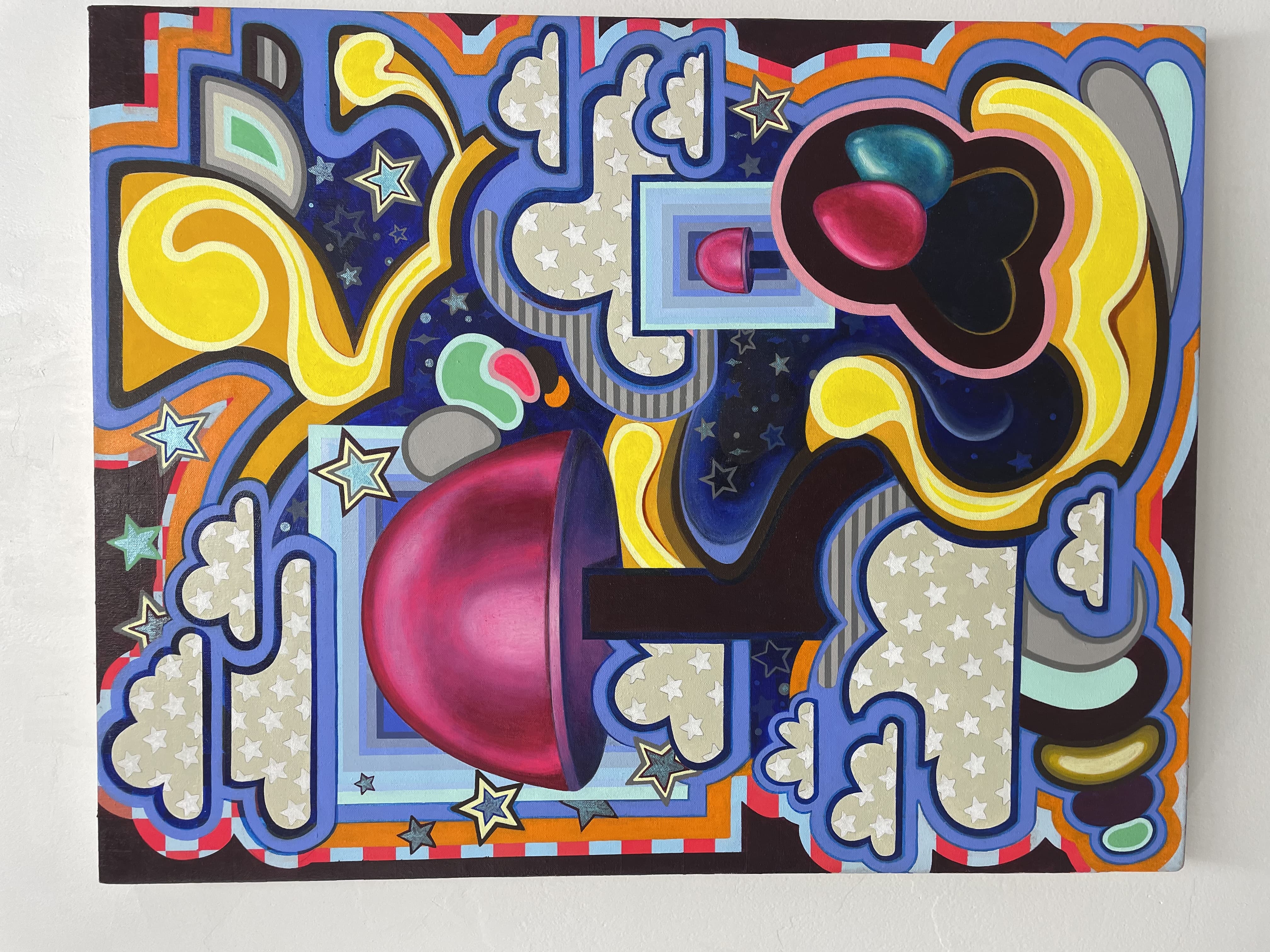 Abstract Painting of a Magenta Mushroom, Starry Clouds, and Psychedelic Shapes