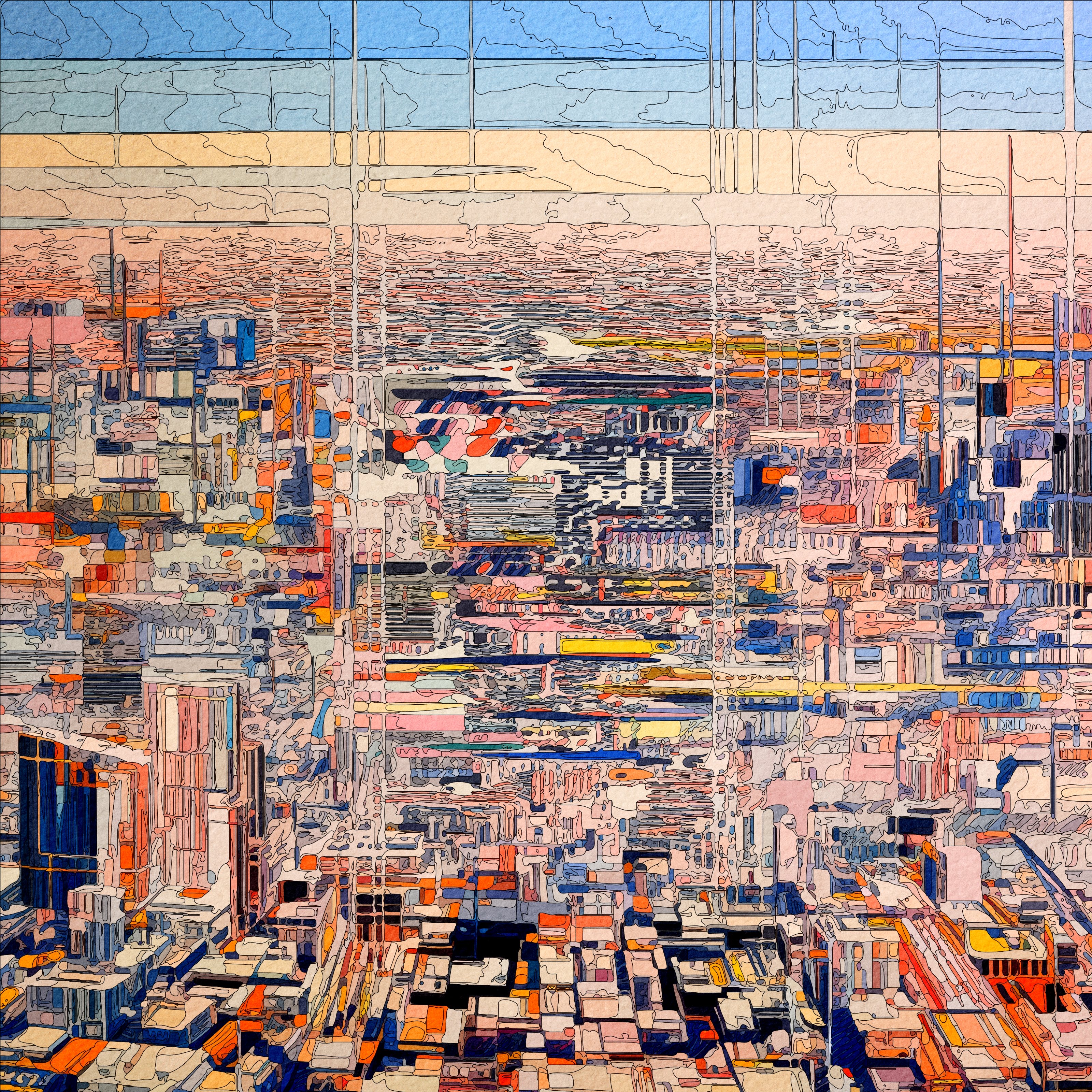 Illustration Abstract Stylized Cityscape with Geometric Patterns and Vibrant Colors