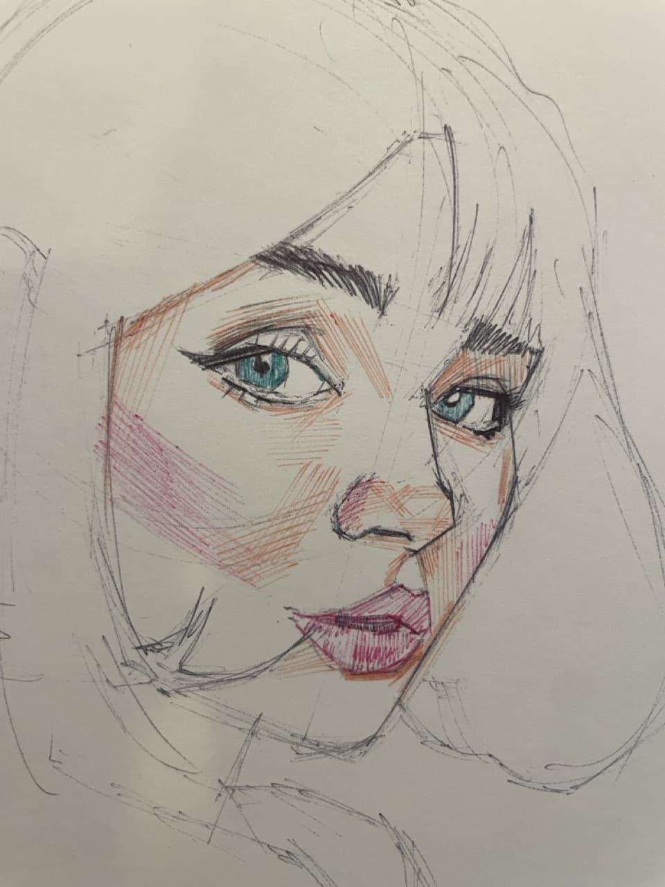 Pencil and Colored Sketch of a Woman's Face with Teal Eyes