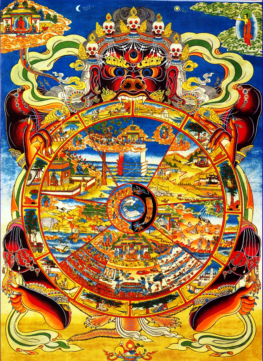 Illustration Colorful Buddhist Thangka Depicting Wheel of Life Held by Yama