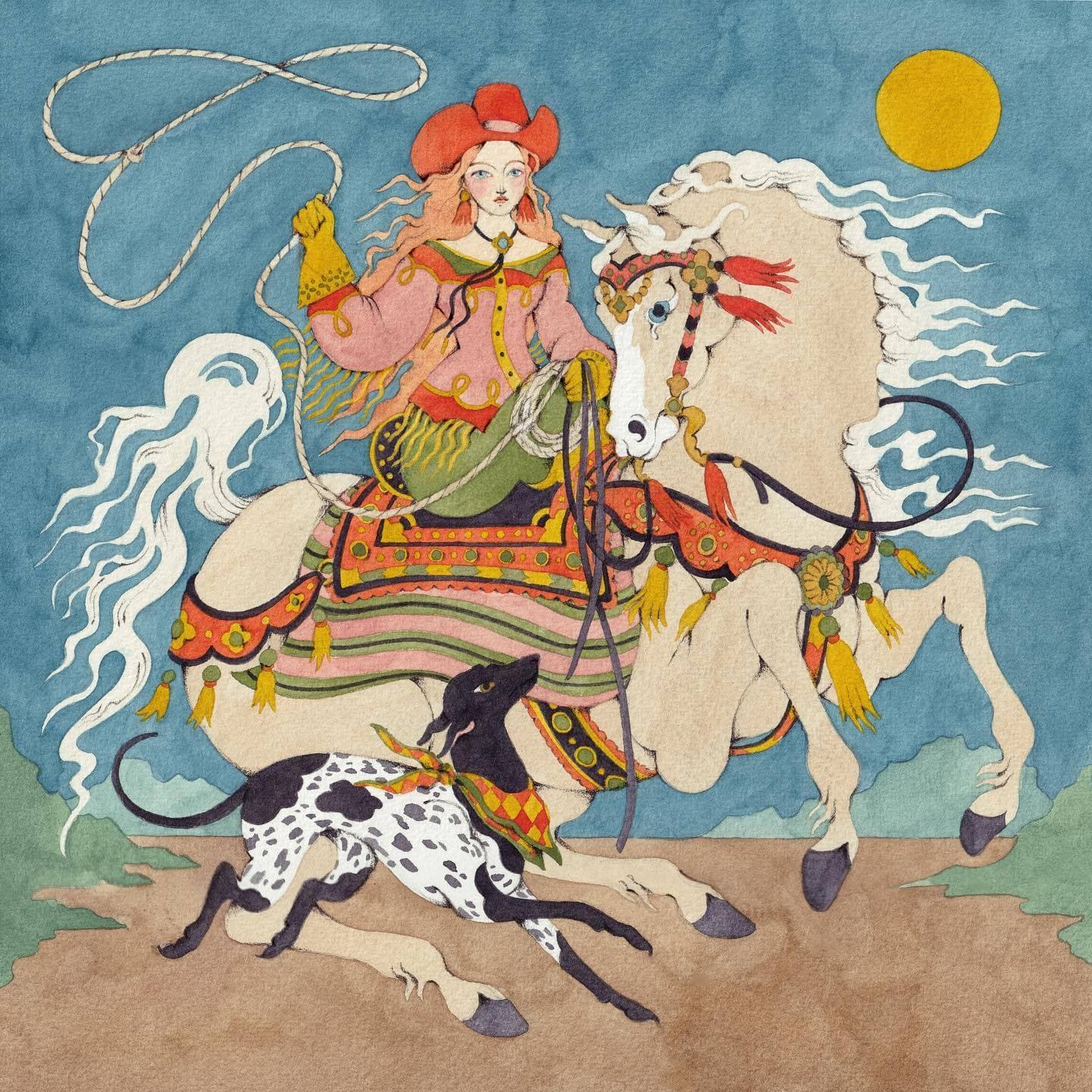 Illustration Colorful Illustration of Woman on White Horse with Dog